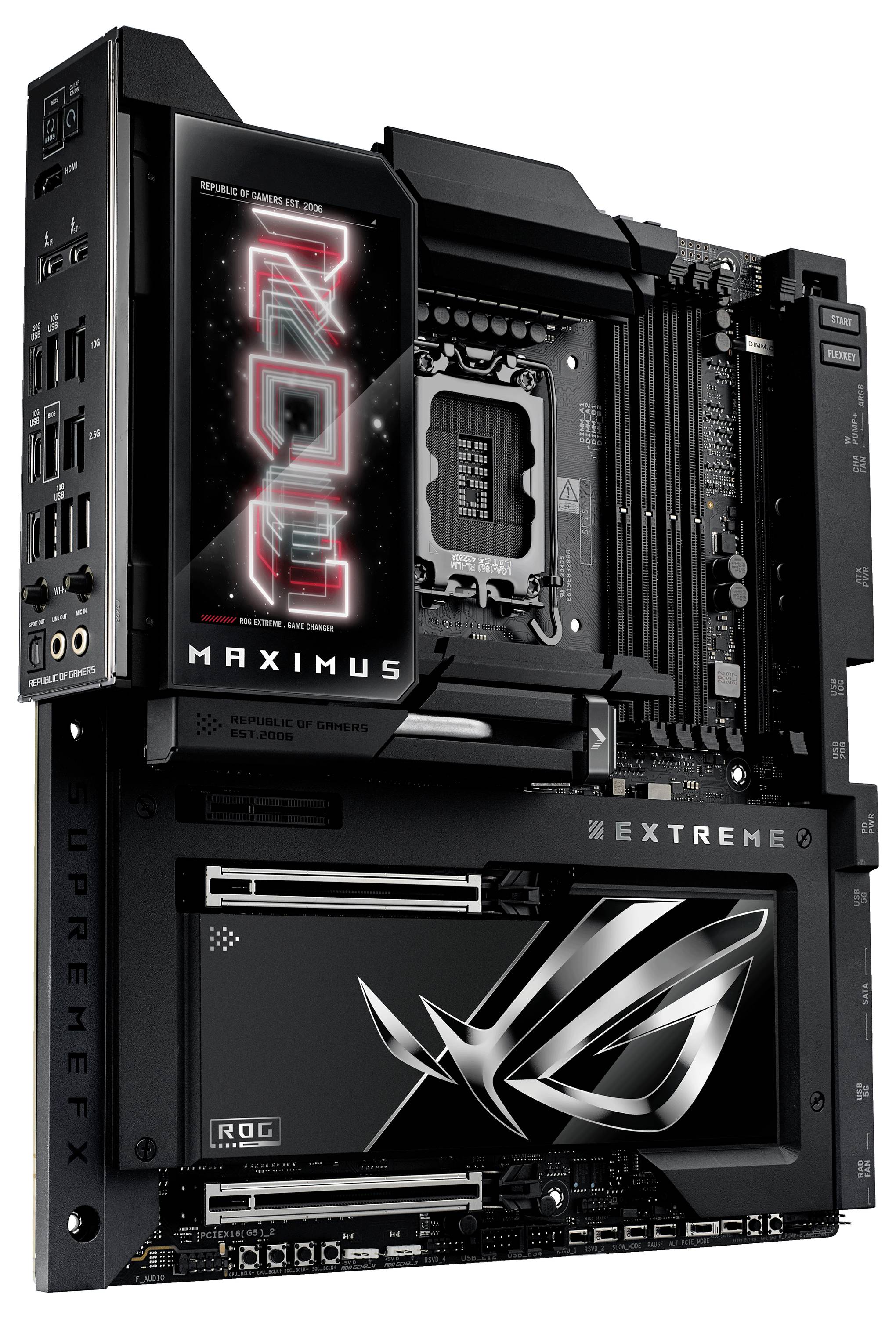 Carte mère de la série ROG Maximus Extreme avec de nombreux emplacements d'extension et possibilités de connexion, adaptée aux ordinateurs haut de gamme.