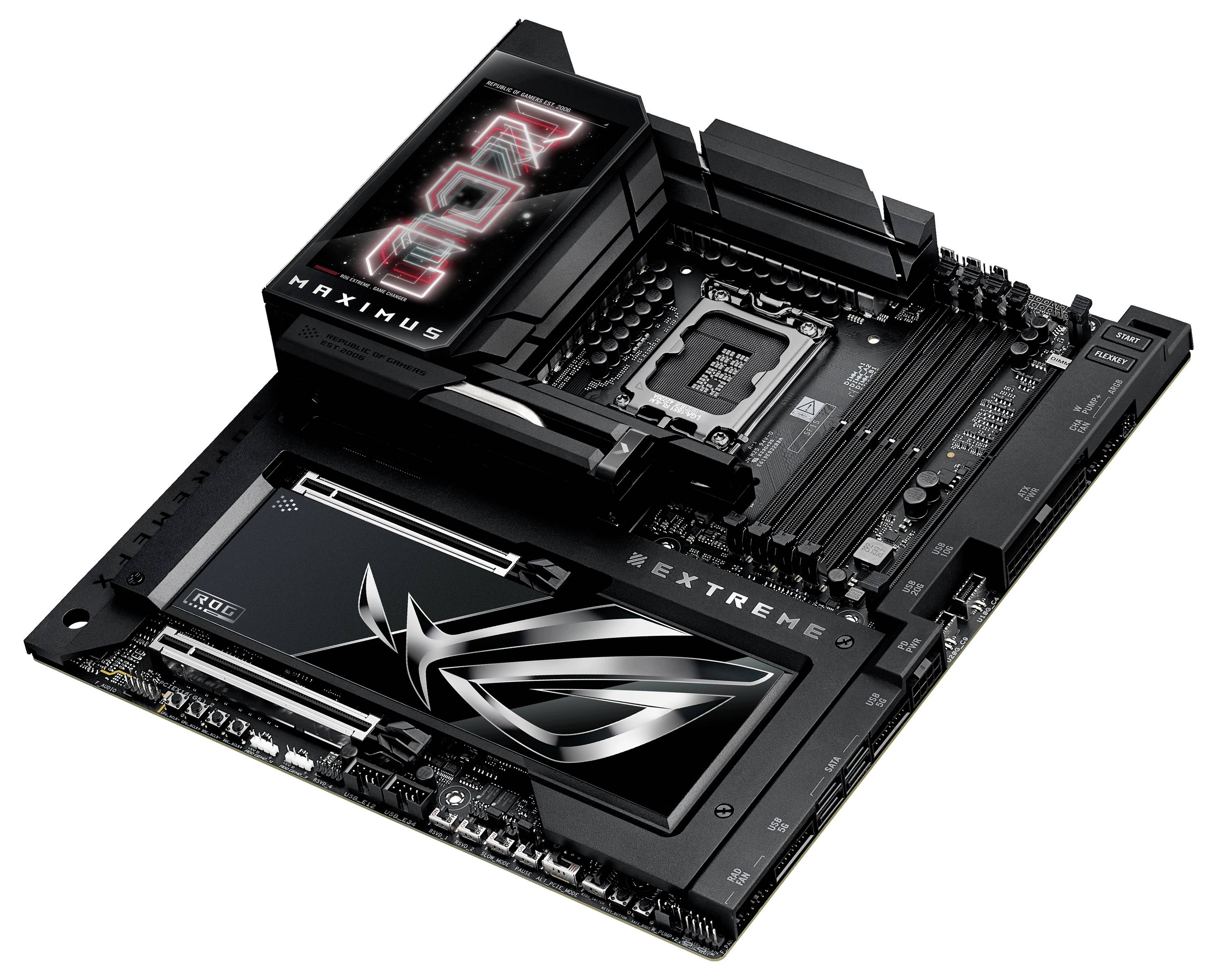 Carte mère de gaming avec éclairage RVB, plusieurs emplacements RAM et un design distinctif, adaptée aux PC hautes performances.