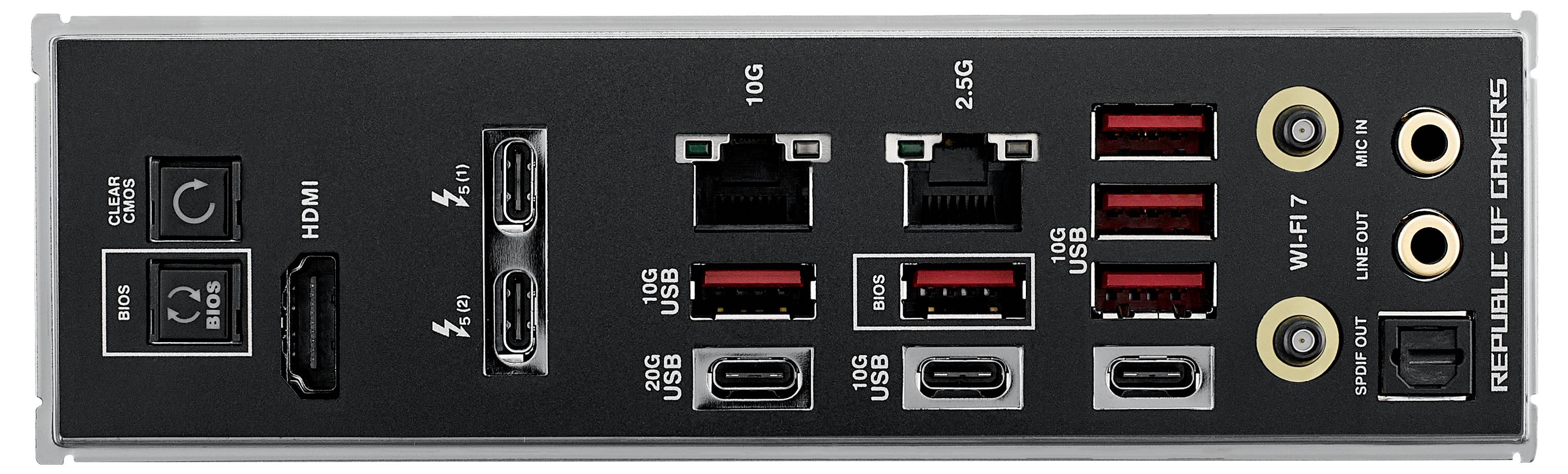 Face arrière d'une carte mère d'ordinateur avec de nombreux ports, incluant HDMI, USB, Ethernet, antennes Wi-Fi et ports audio.