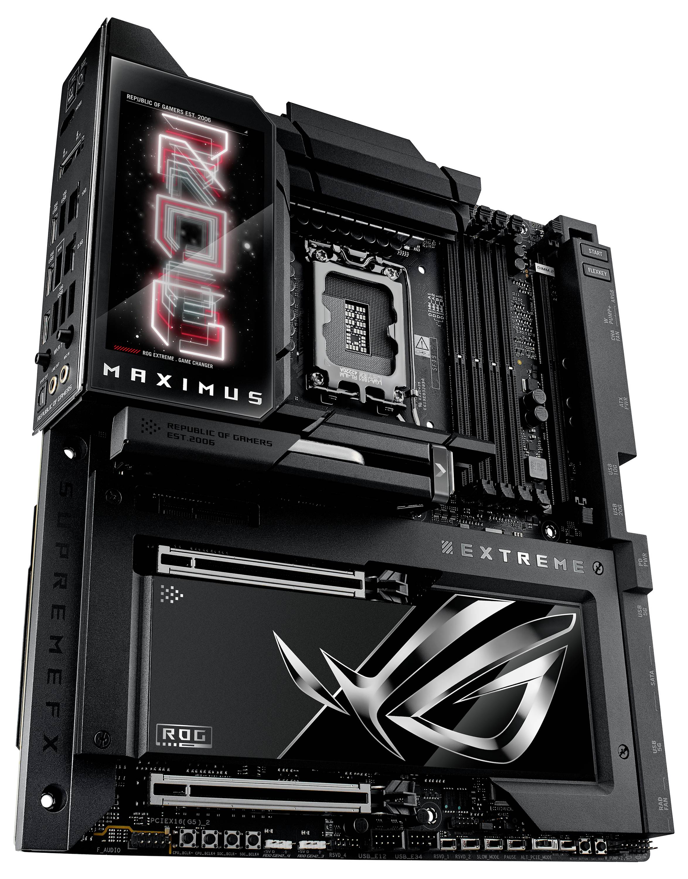 Carte mère de gaming haut de gamme avec composants étiquetés et éclairage RVB, adaptée aux configurations PC performantes.