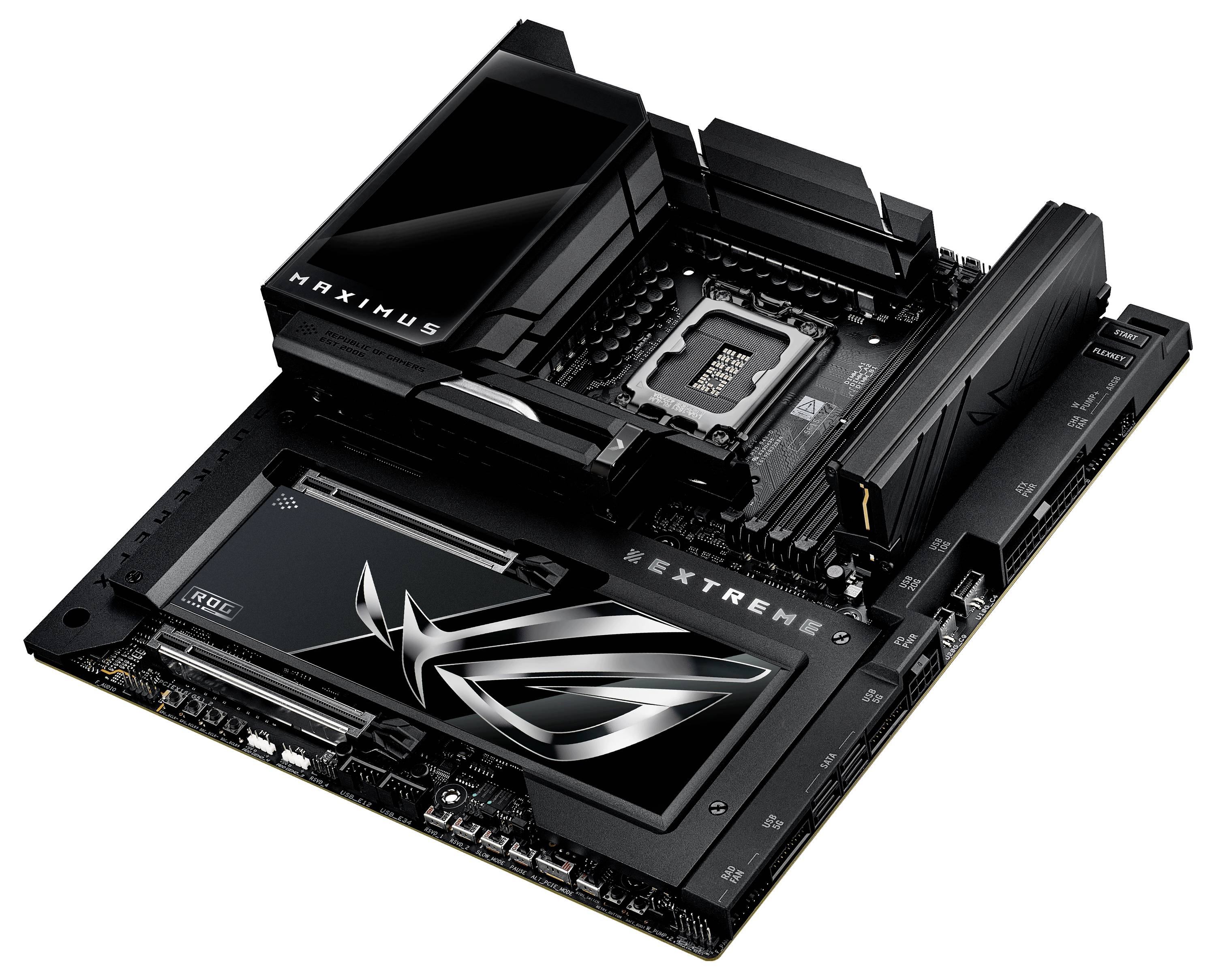 Carte mère avec socket Intel et dissipateur thermique. Design distinctif avec un grand dissipateur thermique noir et le logo ROG.