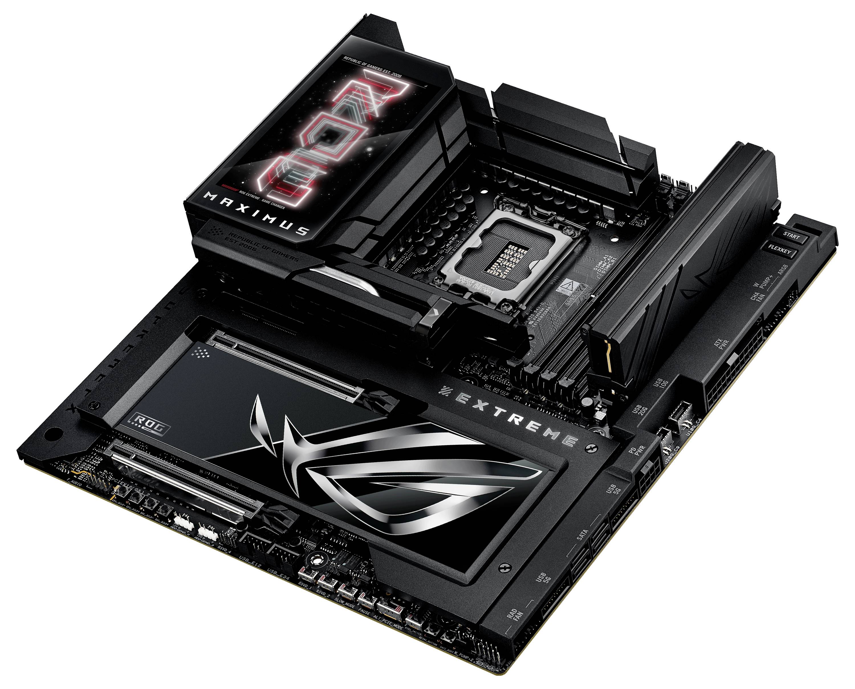 Une carte mère portant l'inscription 'ROG Maximus' sur un dissipateur thermique et arborant le symbole d'un œil stylisé, parfaite pour les passionnés d'informatique.