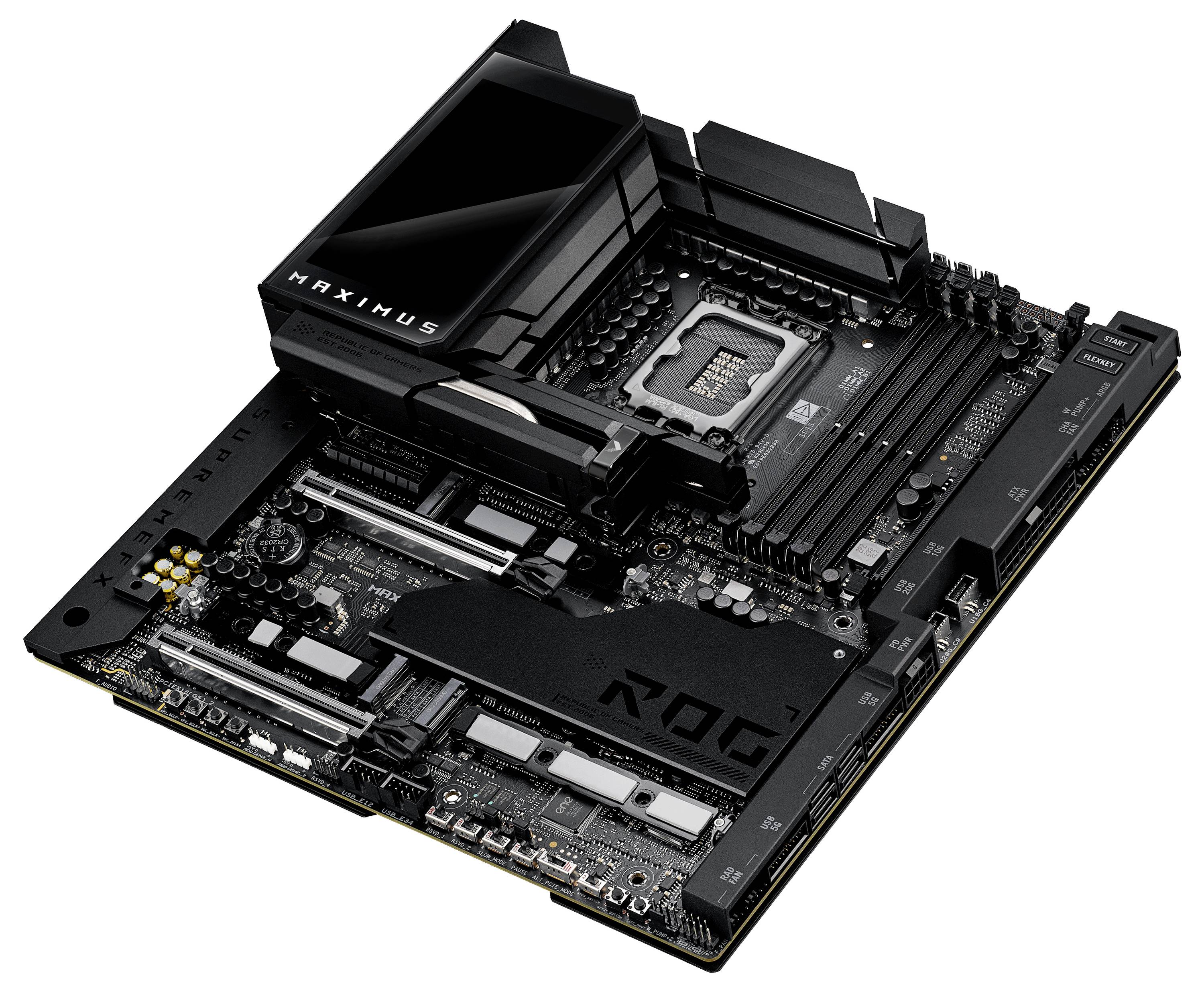 Carte mère avec socket processeur, emplacements RAM, emplacements PCIe et dissipateur thermique sur un circuit imprimé noir.