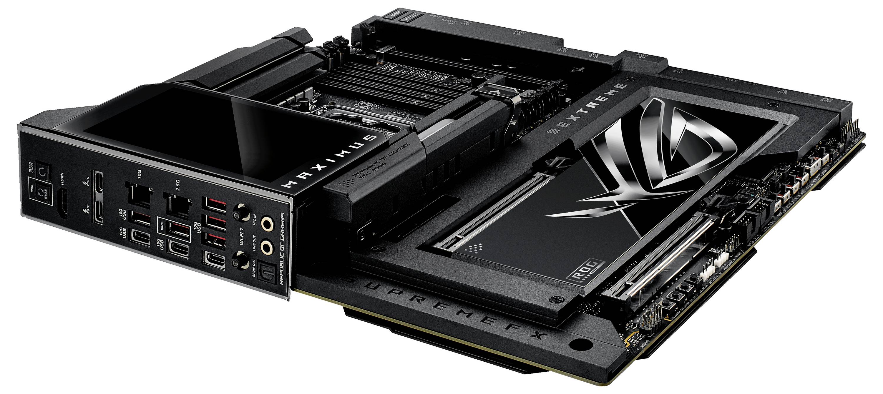 Carte mère d'ordinateur noire avec plusieurs connecteurs et un grand logo argenté au centre. Adaptée pour les PC de gaming.