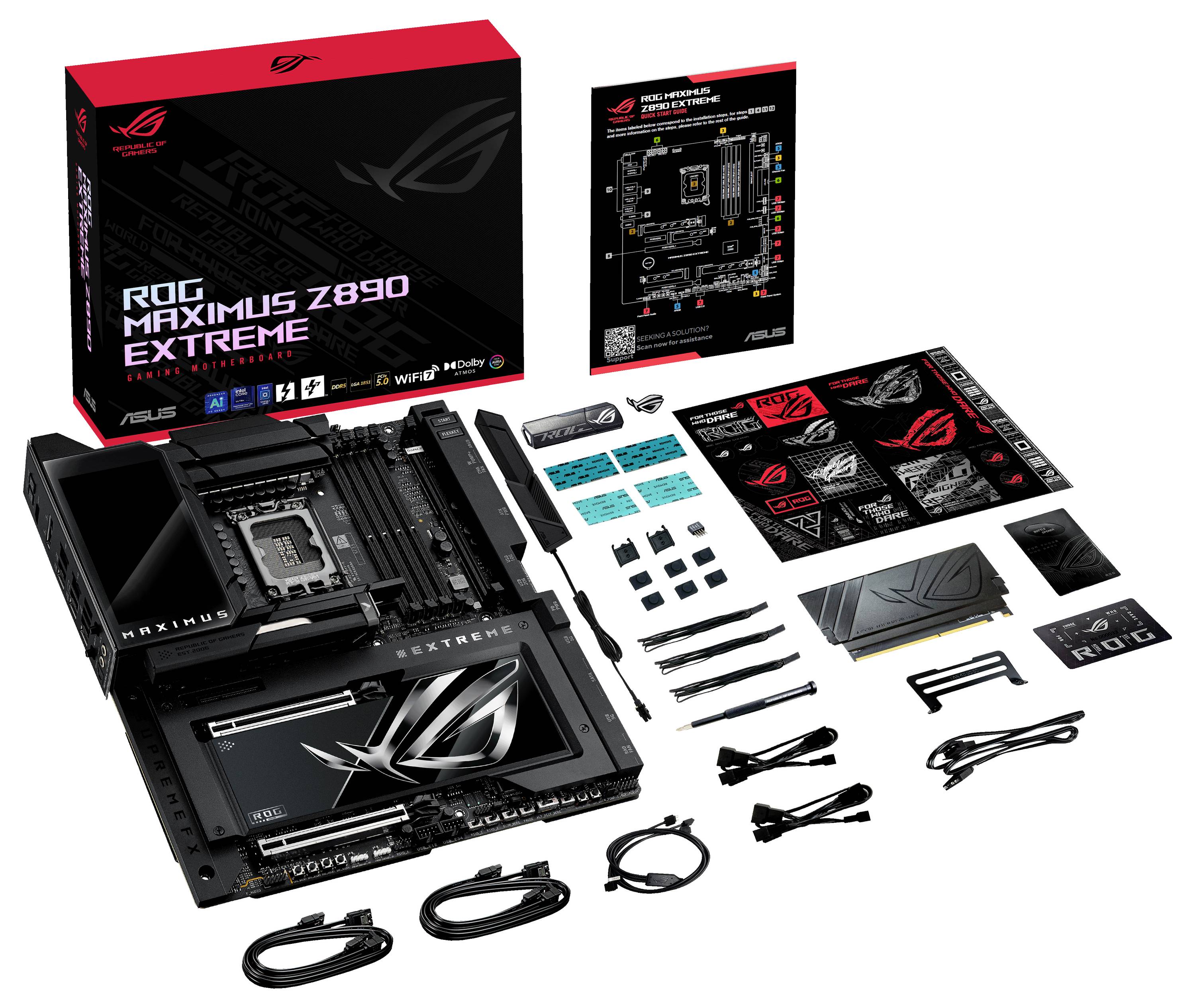 Kit de carte mère d'ordinateur avec accessoires, manuel et emballage. Au premier plan se trouve la carte mère ASUS ROG Maximus Z890 Extreme.