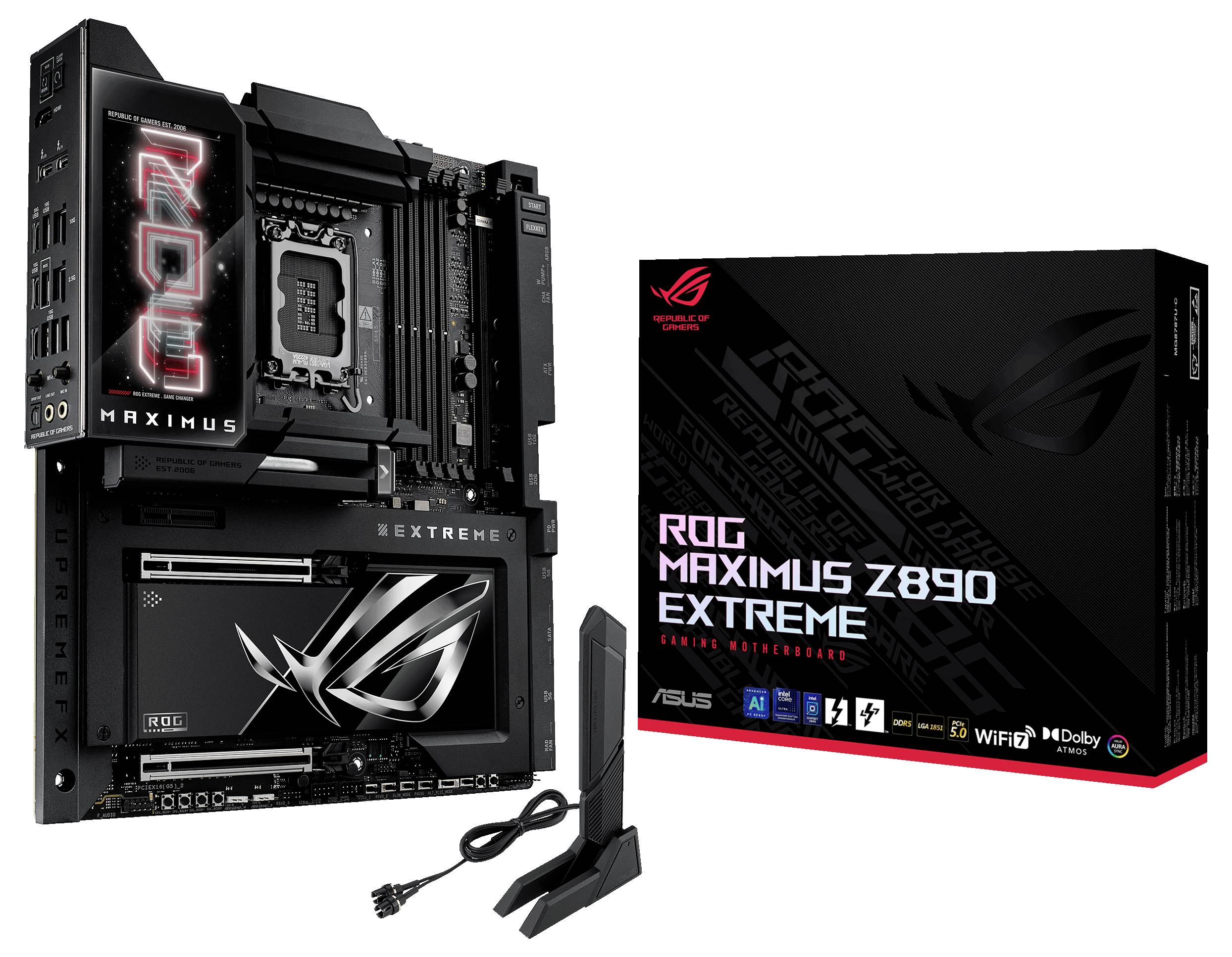 Carte mère ROG Maximus Z890 et son emballage. Composant de gaming haut de gamme avec éclairage RVB et plusieurs interfaces présentés.