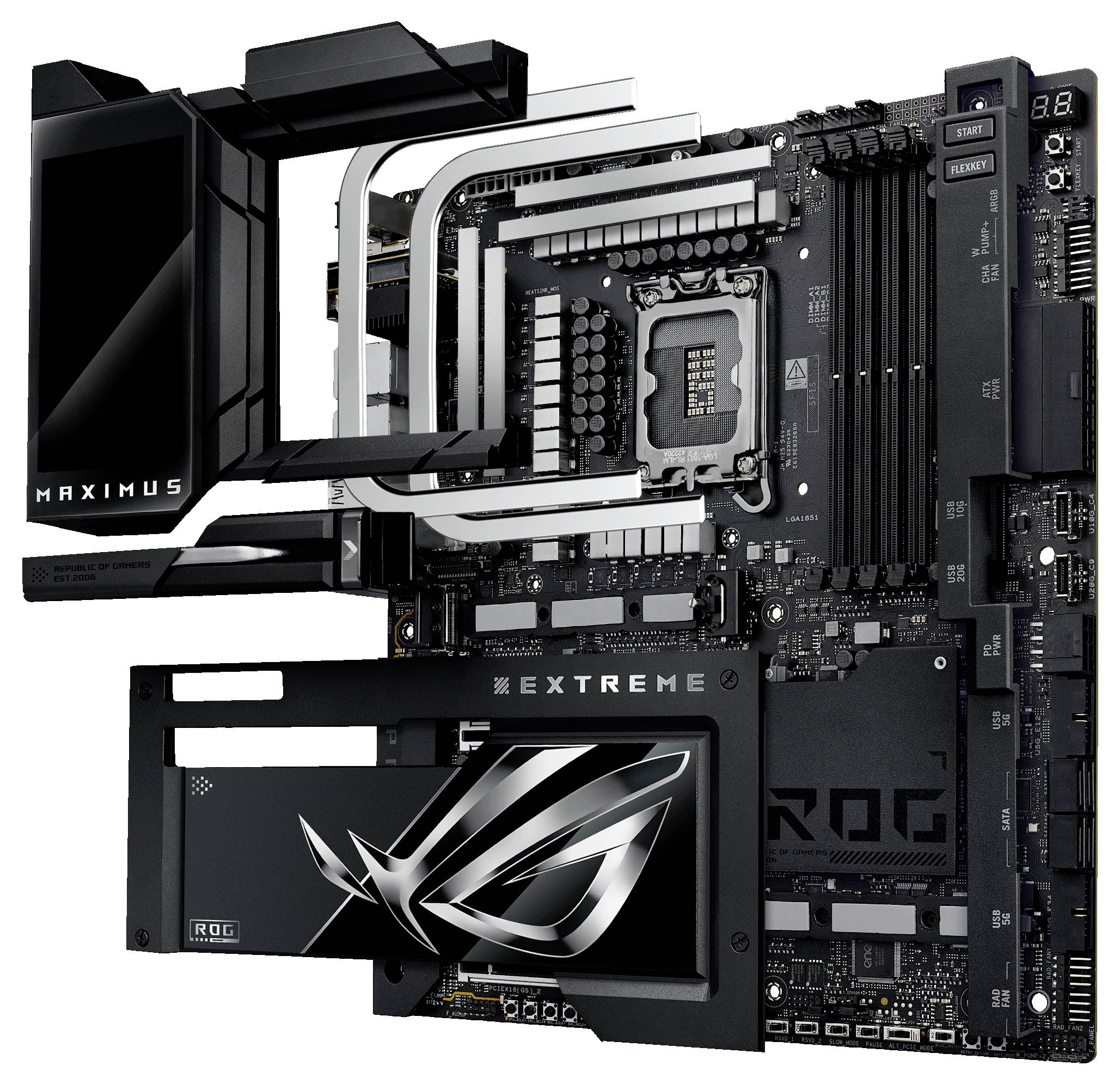Carte mère avec dissipateur thermique et connecteurs, montrant des composants techniques et les logos de marque "ROG" et "Maximus".