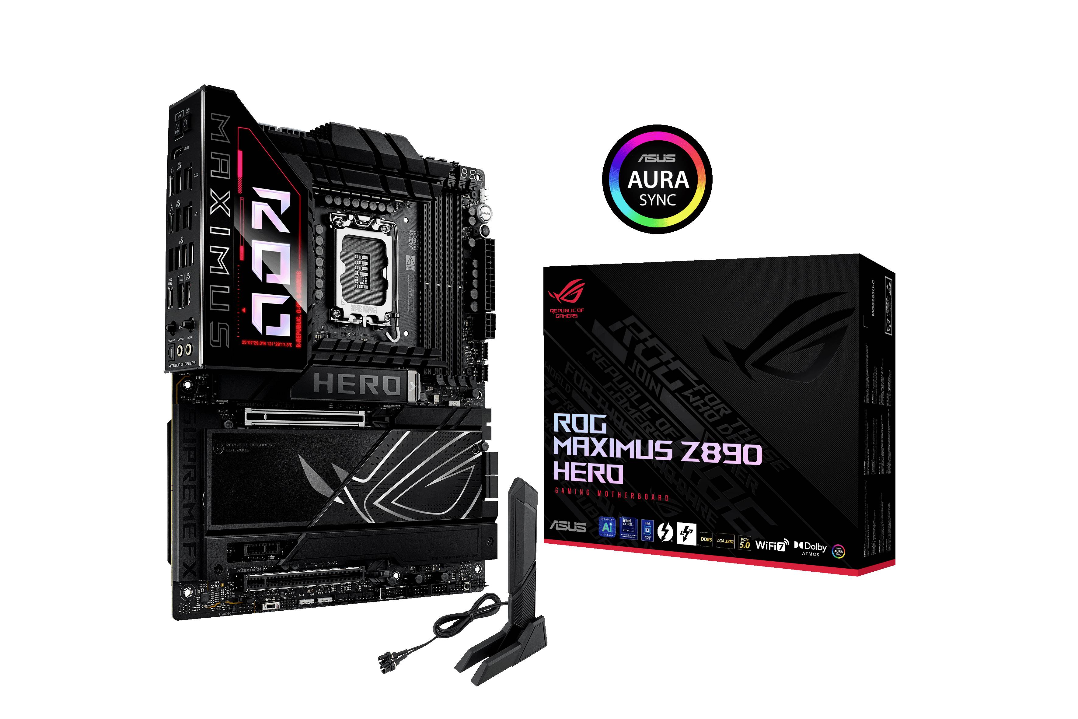 Carte mère ASUS ROG Maximus Z690 Hero et son emballage avec le logo 'Aura Sync'. Comprend des accessoires tels que des câbles et une antenne.