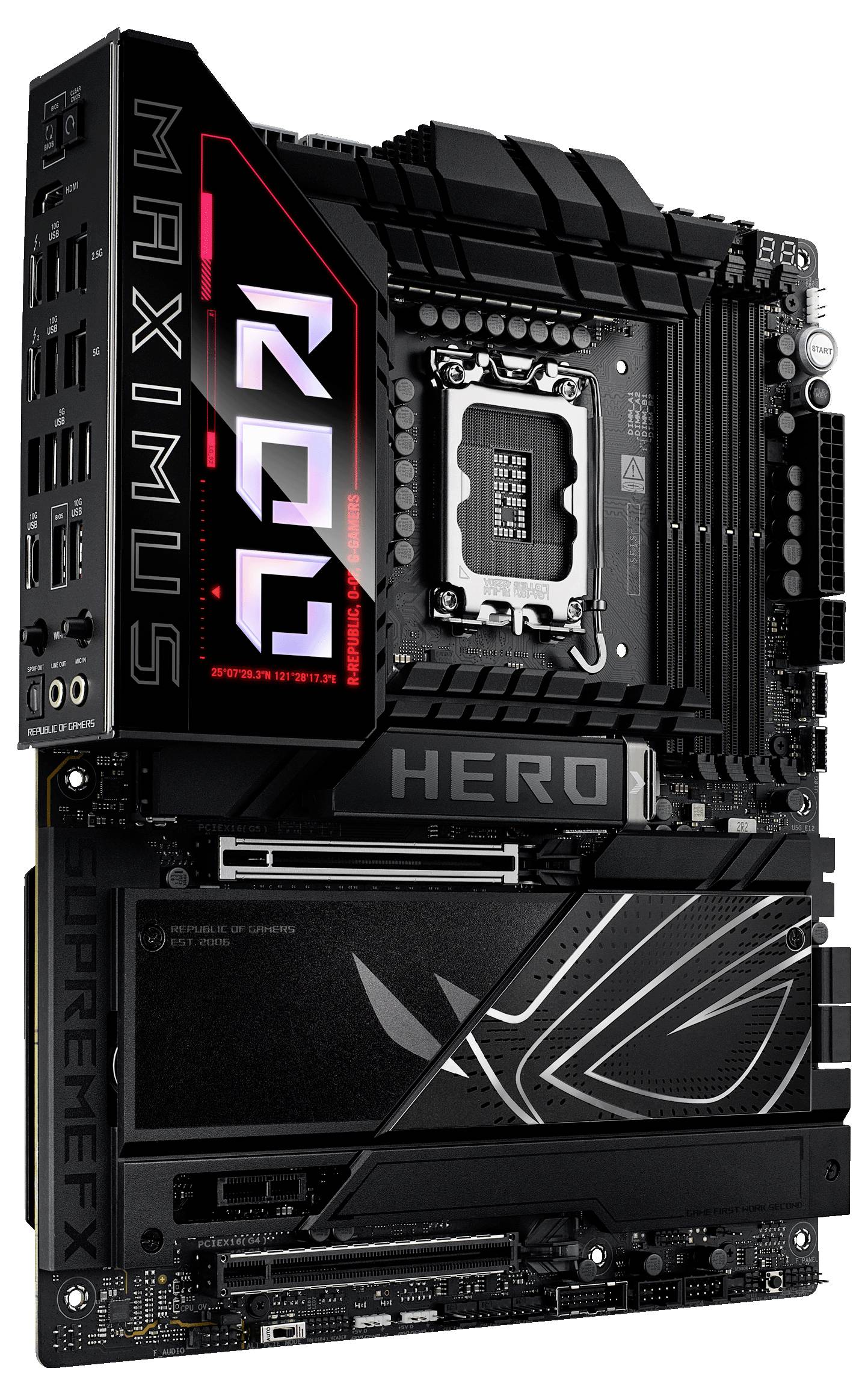 Une carte mère noire portant les inscriptions 'ROG' et 'MAXIMUS'. Des emplacements RAM, un socket CPU et divers connecteurs sont visibles.
