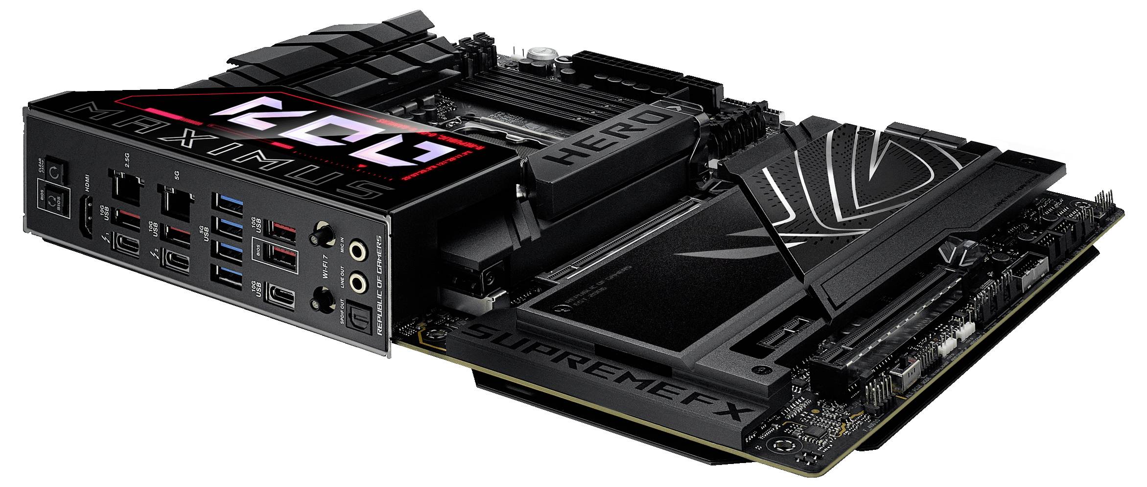 Une carte mère d'ordinateur avec plusieurs ports USB et prises audio, marquée 'Maximus' et 'Hero', présente des fonctionnalités avancées.