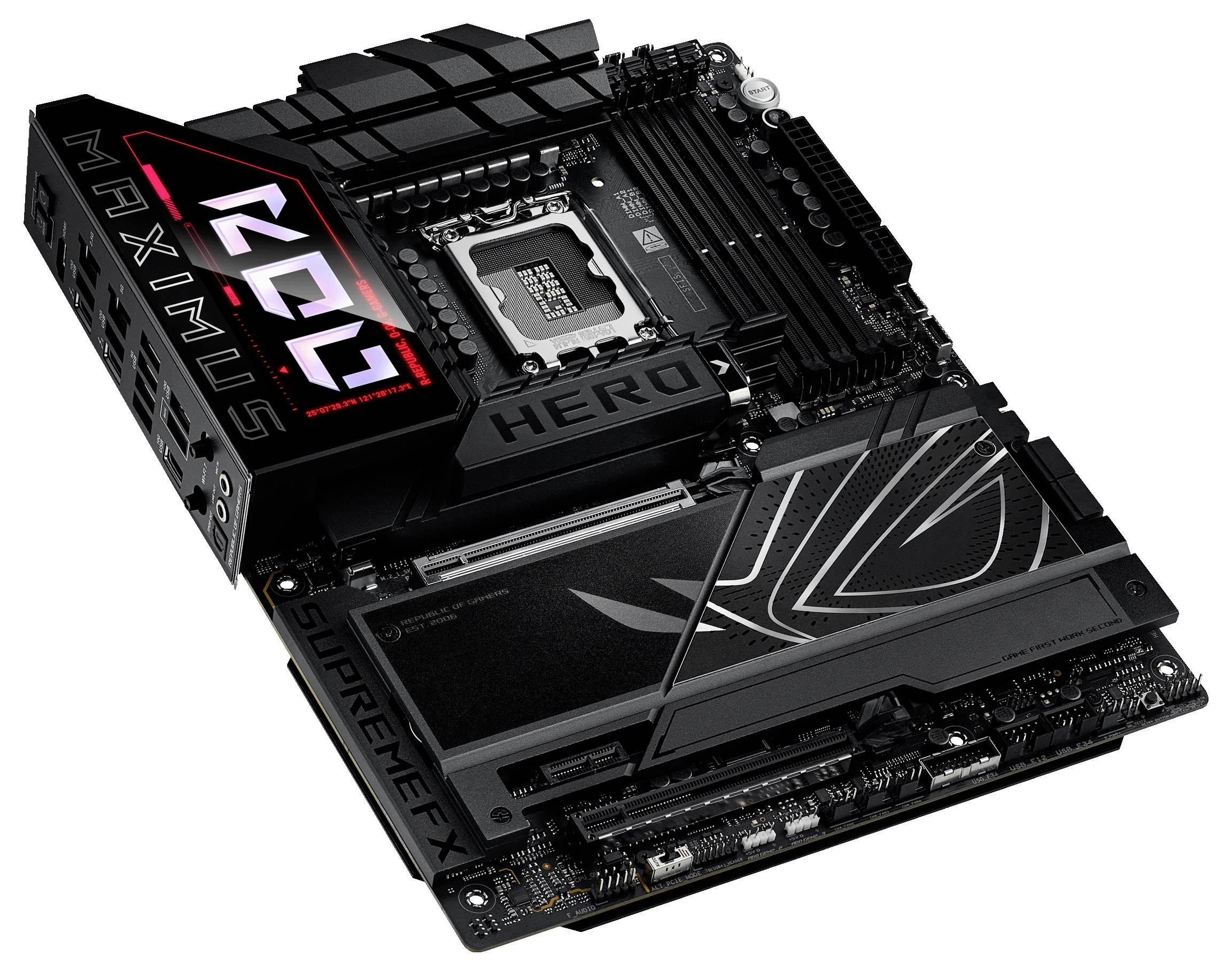Une carte mère d'ordinateur noir et argent portant les inscriptions 'Maximus' et 'Hero', avec des éléments LED lumineux et plusieurs connecteurs.
