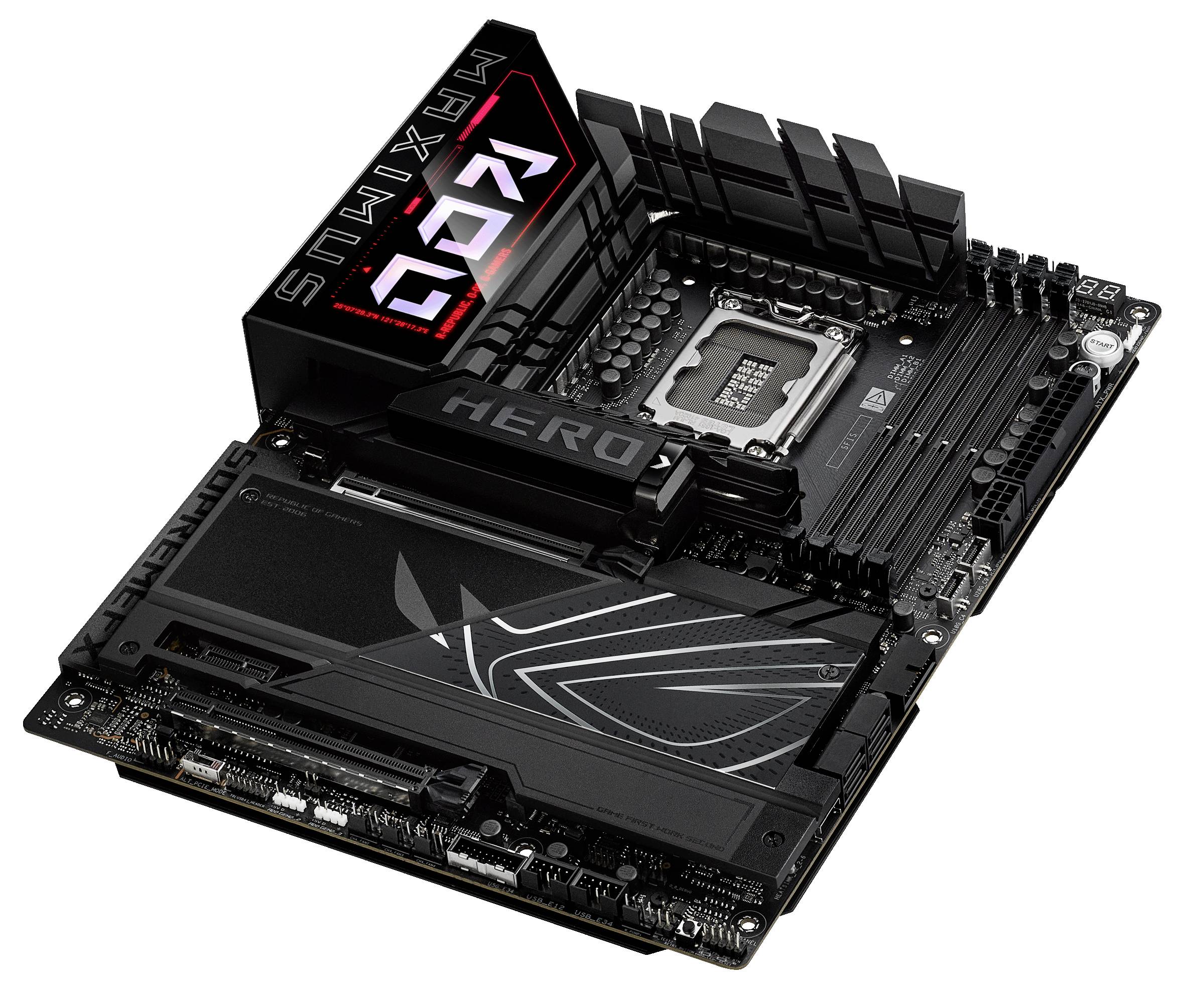 'Carte mère d'ordinateur noire avec inscription lumineuse ROG Maximus. Les emplacements RAM et le socket CPU sont visibles au centre.'