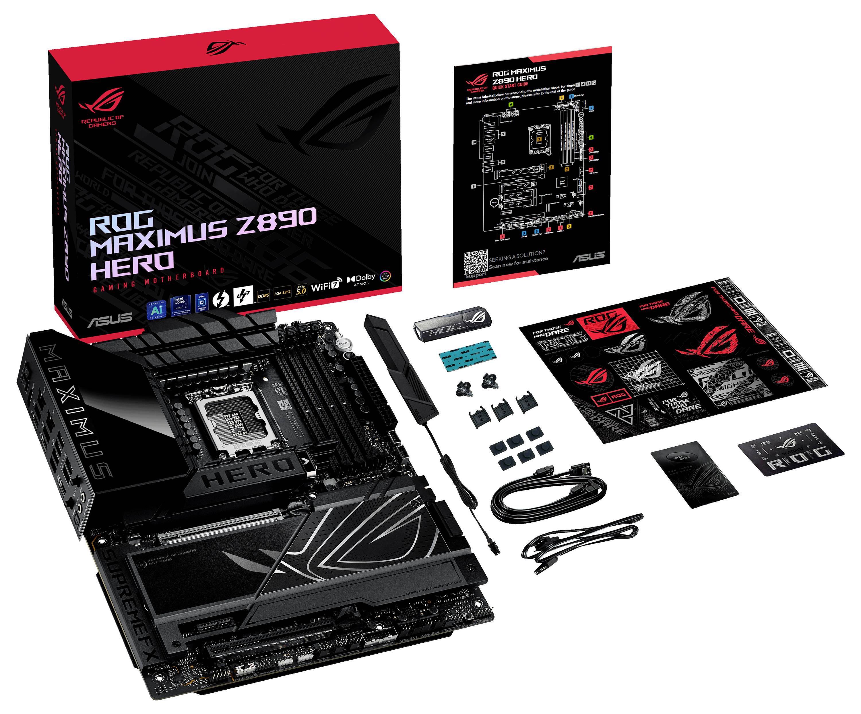 Carte mère ASUS ROG Maximus Z690 Hero de haute qualité avec accessoires, comprenant des antennes, des câbles et un manuel d'utilisation, disposés sur une table.