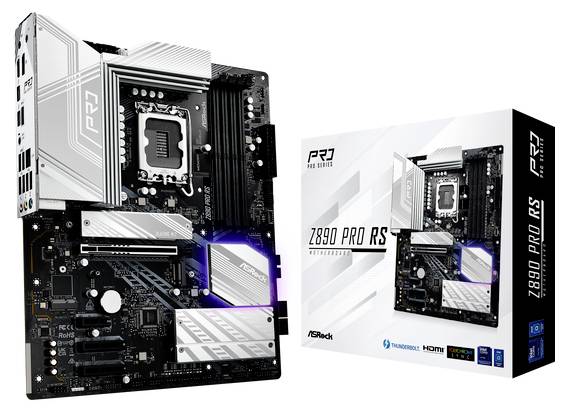 Carte mère 'ASRock Z890 PRO RS' en noir et blanc avec connecteurs et dissipateurs thermiques. L'emballage présente une image du produit.