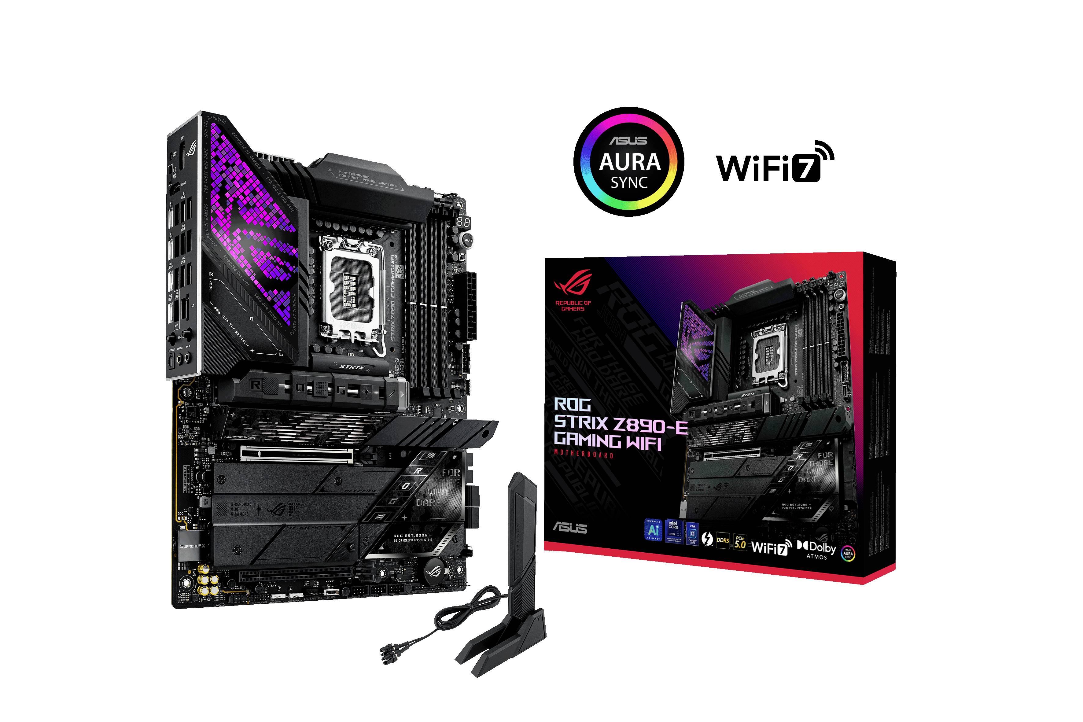 'Carte mère ASUS ROG Strix Z690-E Gaming WIFI 7 avec éclairage RVB. Incluant l'emballage et les accessoires ; compatible avec Aura Sync.'