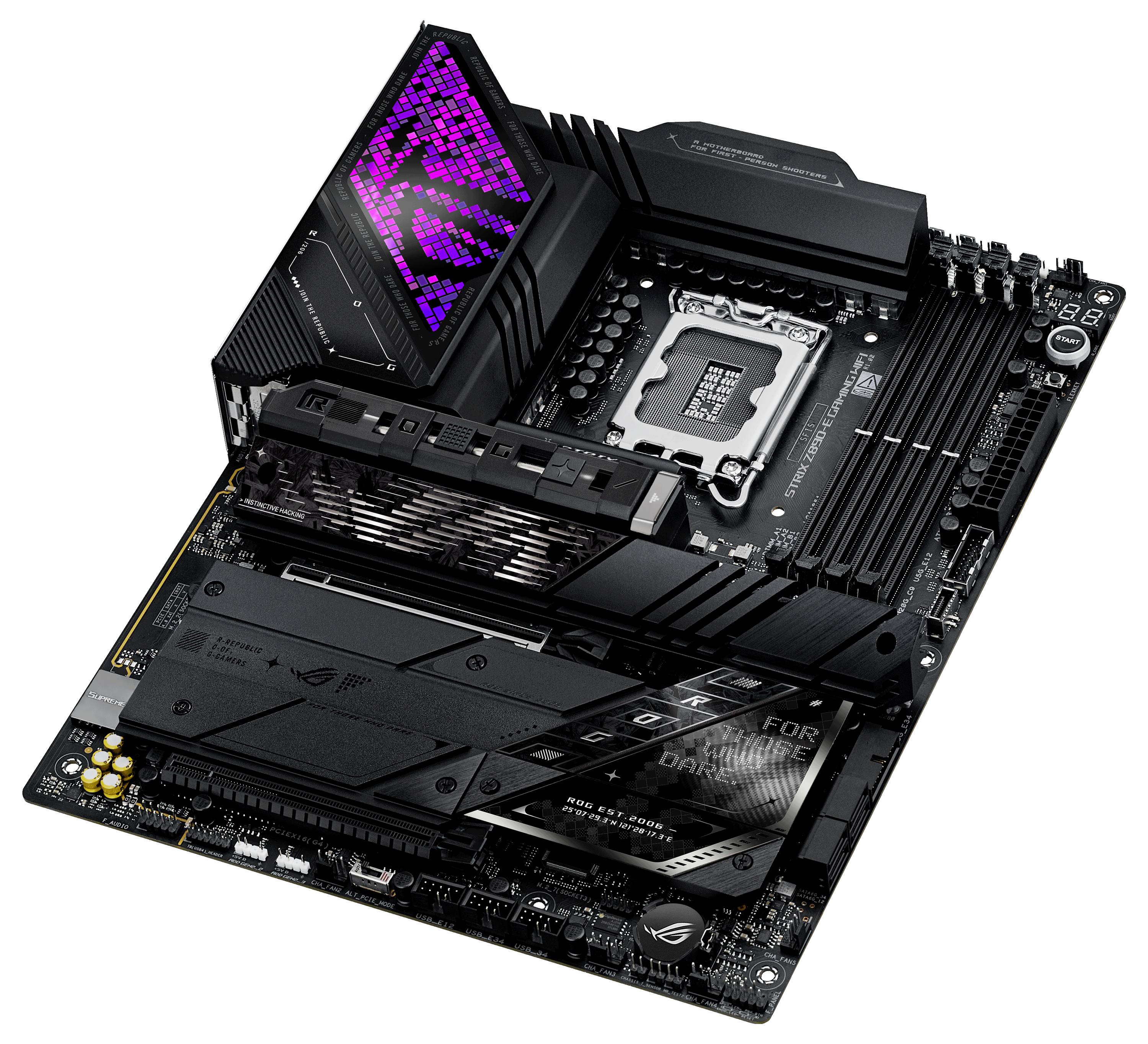 Une carte mère avec éclairage RVB est représentée. Elle montre un socket CPU et différents emplacements et connecteurs pour les composants informatiques.