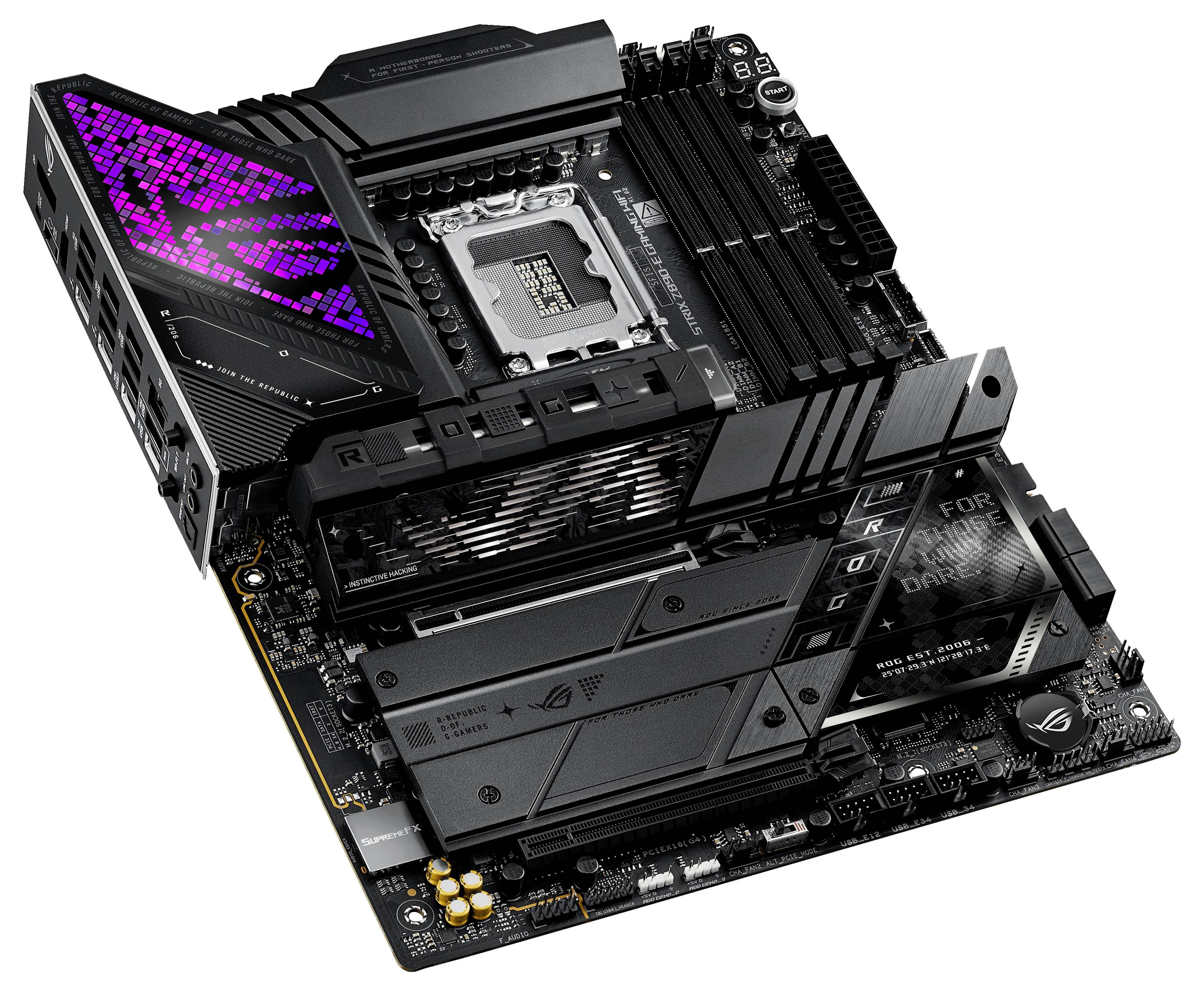 Une carte mère d'ordinateur noir et grise avec un éclairage RVB distinctif, plusieurs emplacements pour RAM et interfaces PCIe, posée sur le côté.