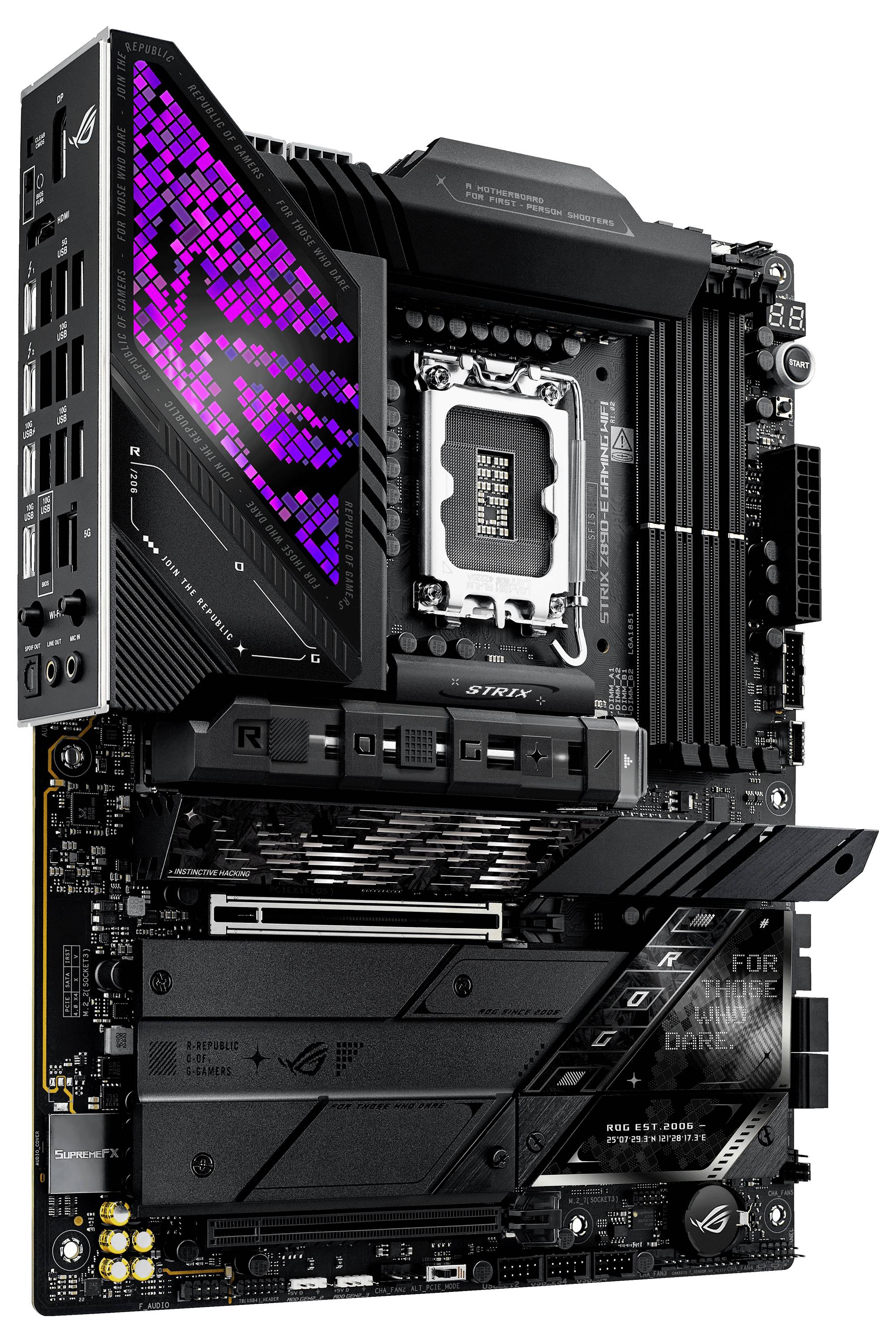 Une carte mère de gaming avec éclairage RVB, plusieurs connecteurs et un socket CPU. Adaptée pour des PC performants.