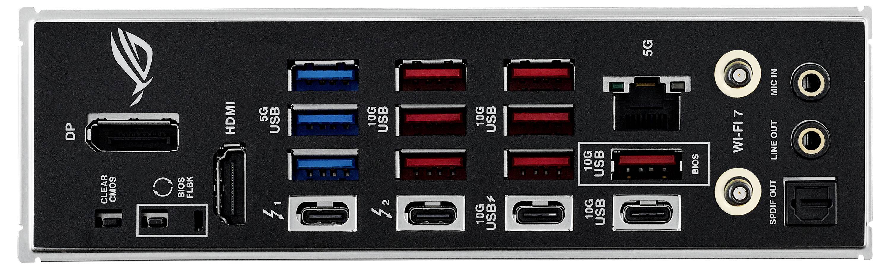 Un panneau d'E/S de carte mère d'ordinateur avec des ports pour USB, HDMI, DisplayPort, Ethernet, Audio et Wi-Fi.