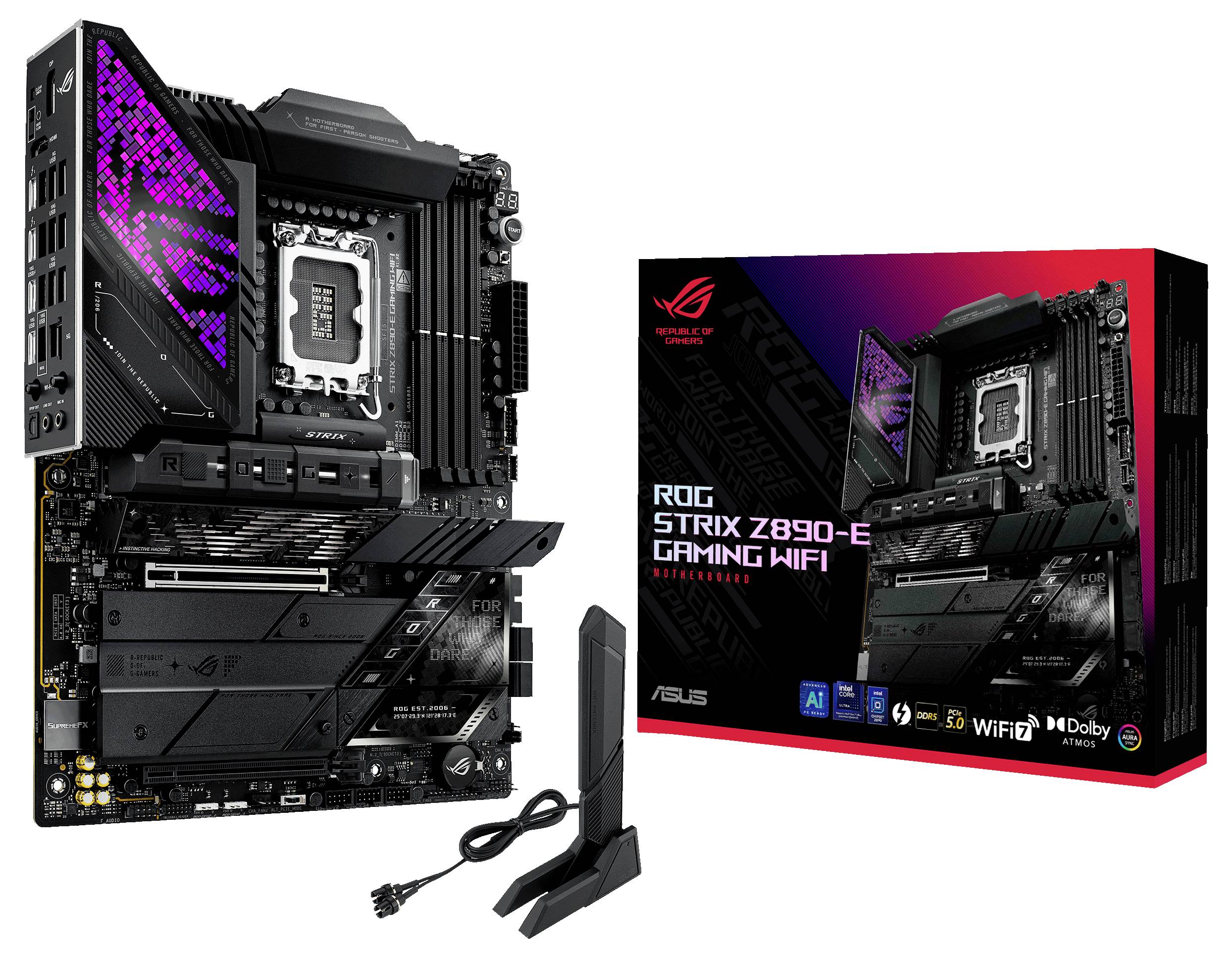 Carte mère ASUS avec support Wi-Fi, modèle ROG STRIX Z690-E, présentée à côté de son emballage d'origine et de ses accessoires.