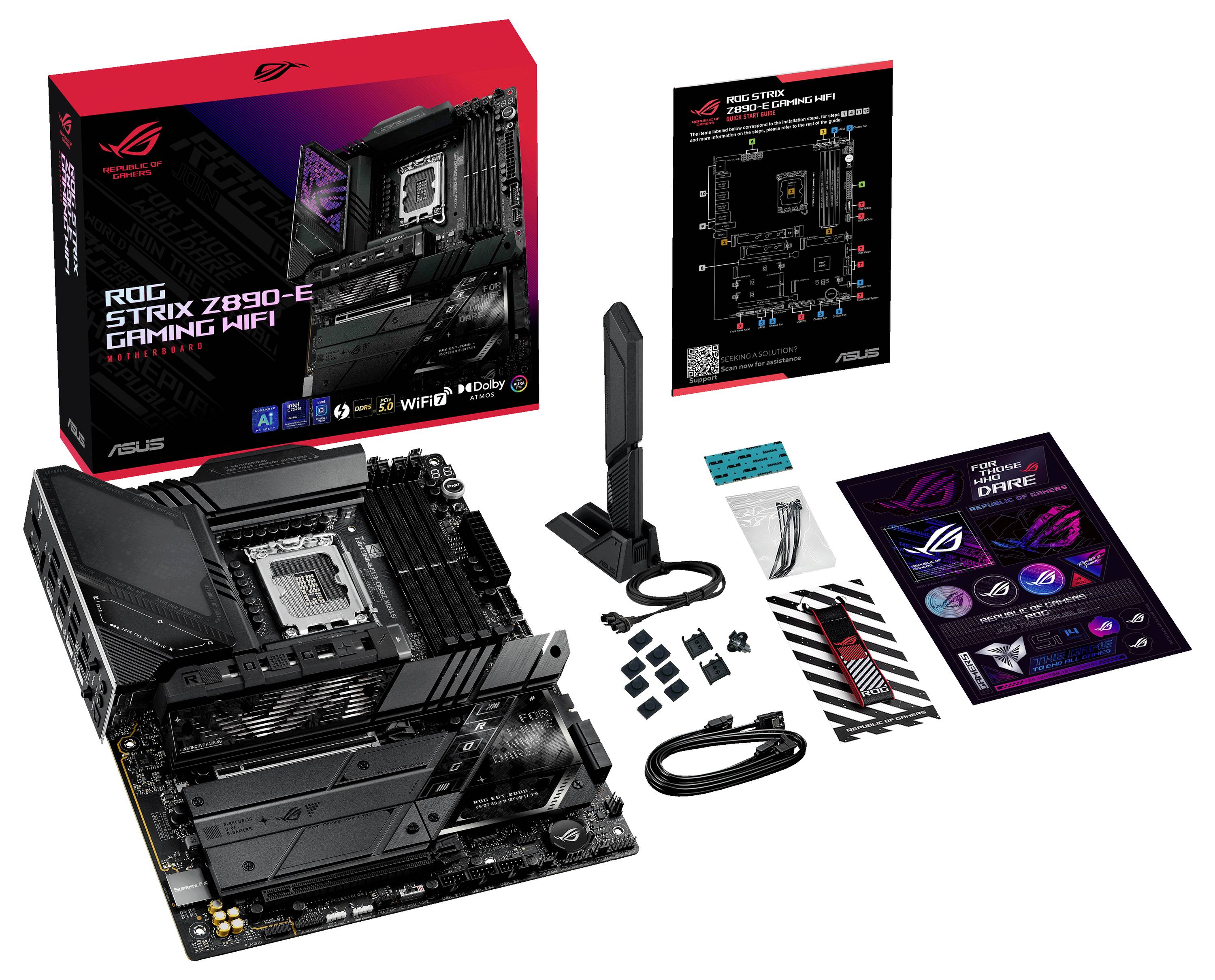 Sur l'image se trouve la carte mère ASUS ROG Strix Z690-E Gaming WiFi, accompagnée de son emballage, des accessoires, de l'antenne, des câbles et du manuel d'instructions.