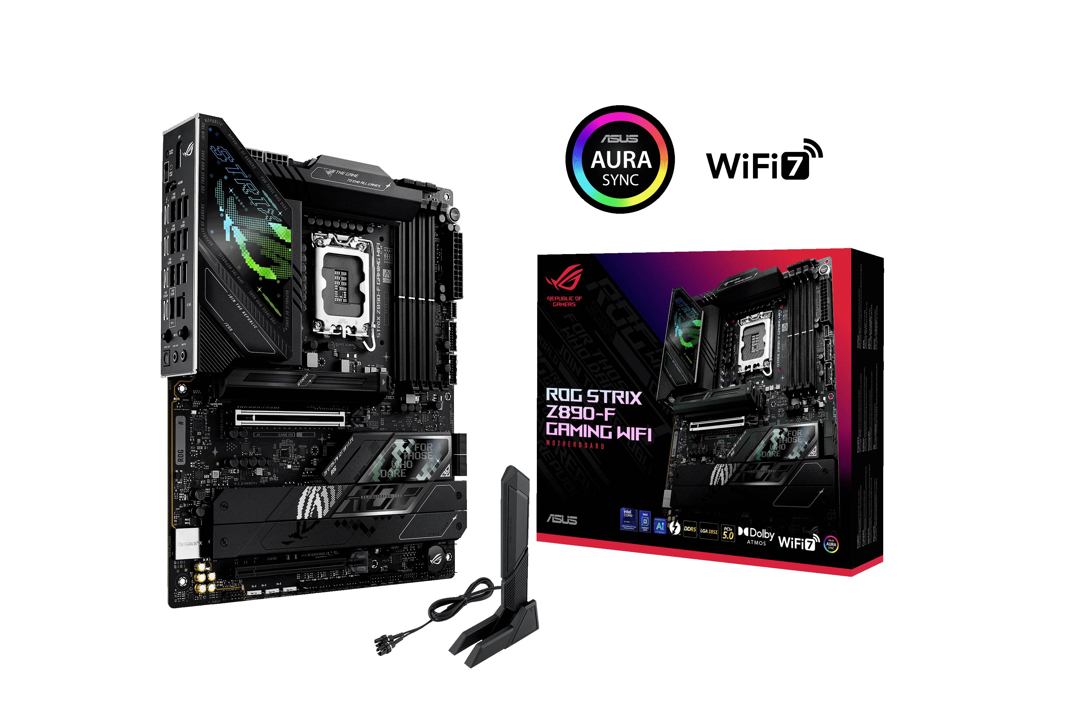 Carte mère ASUS ROG Strix Z690-F Gaming WiFi avec logo WiFi 7. L'emballage présente Aura Sync et une illustration du produit. Comprend une antenne WiFi.