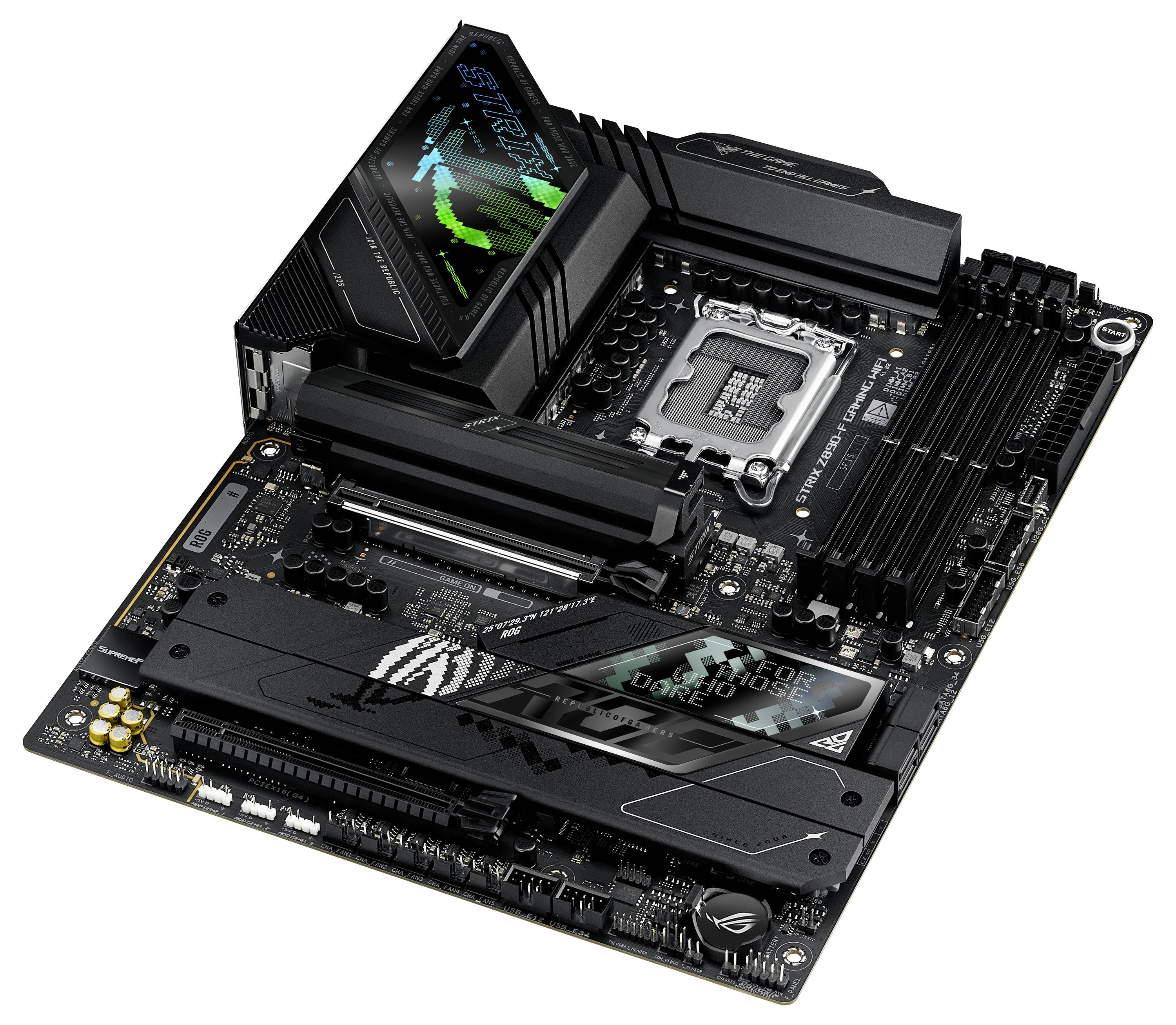 Carte mère noire avec des dissipateurs thermiques étendus et un éclairage RVB. Le socket du processeur principal et les emplacements de RAM sont visibles.