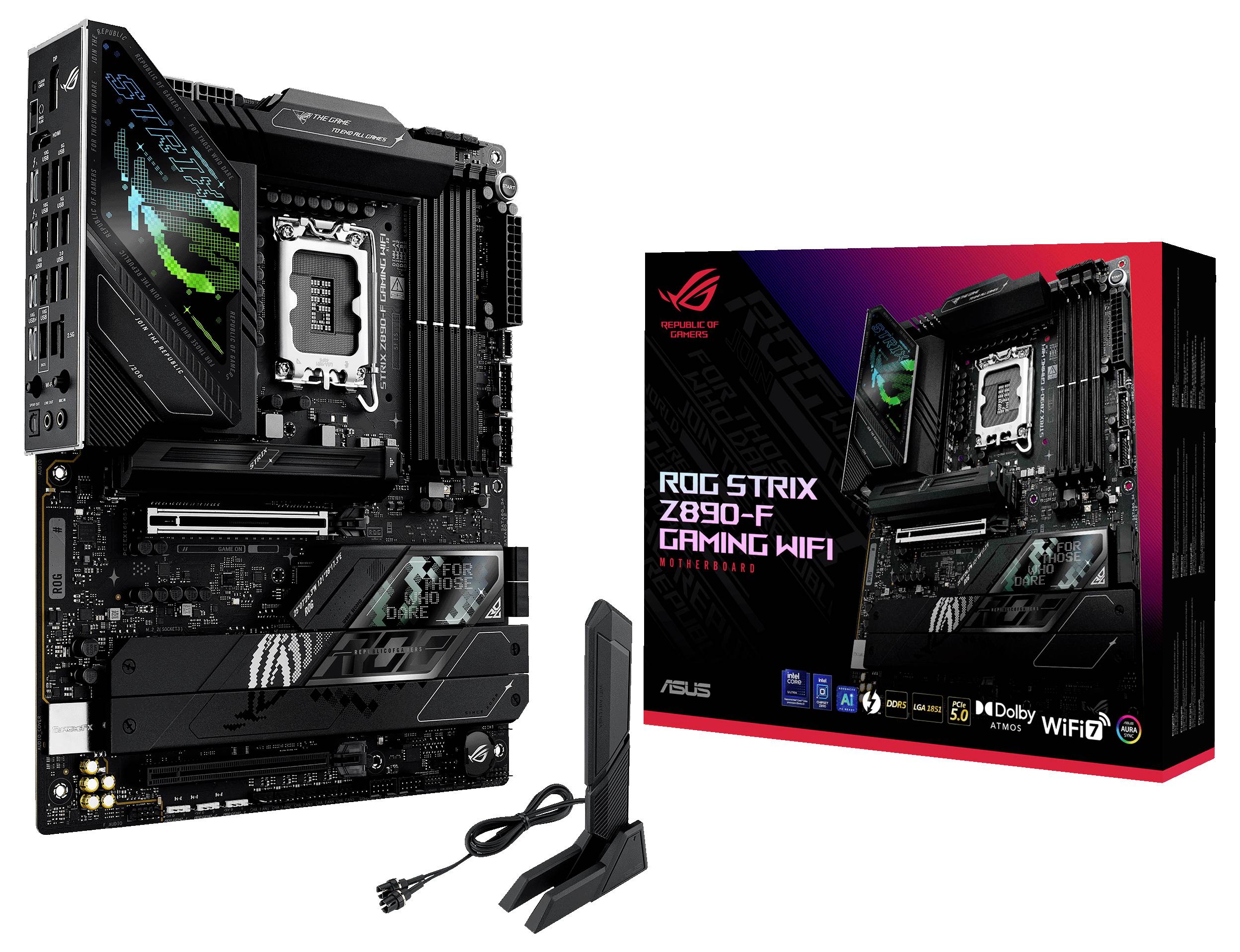 Carte mère ASUS ROG Strix Z890-F Gaming WIFI présentée avec son emballage ; comprend une carte mère, une antenne et des câbles.