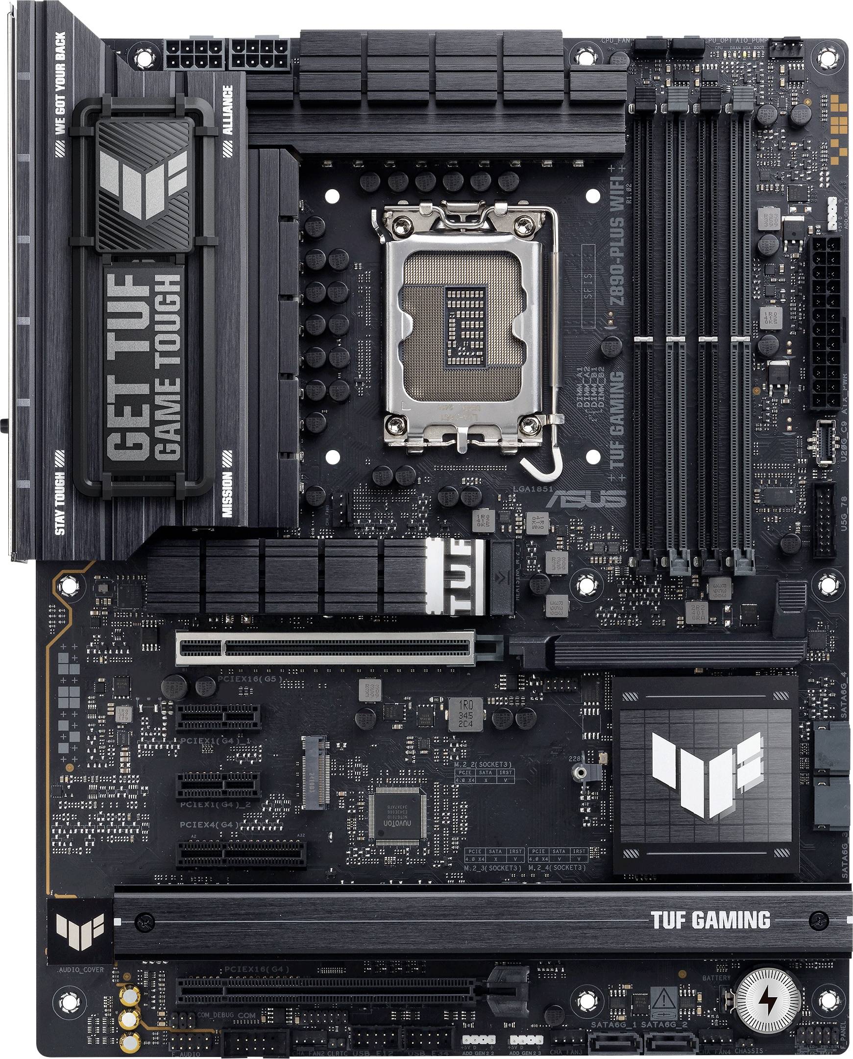 Carte mère ASUS TUF Z590-Plus avec socket LGA 1200, emplacements PCIe et plusieurs options de connexion pour des configurations de jeu exigeantes.