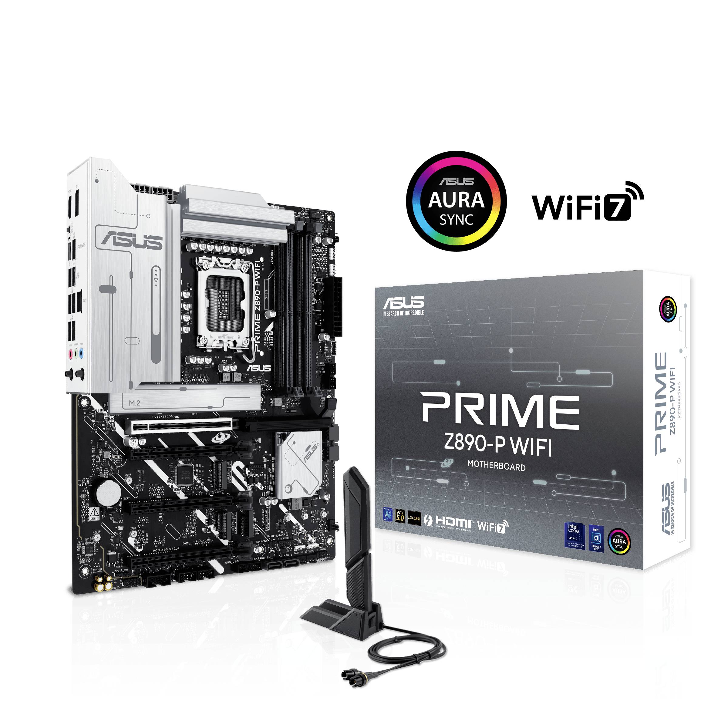 Modèle de carte mère 'PRIME Z890-P WIFI' d'ASUS accompagné de son emballage et d'une antenne WiFi. Prend en charge le WiFi 7.