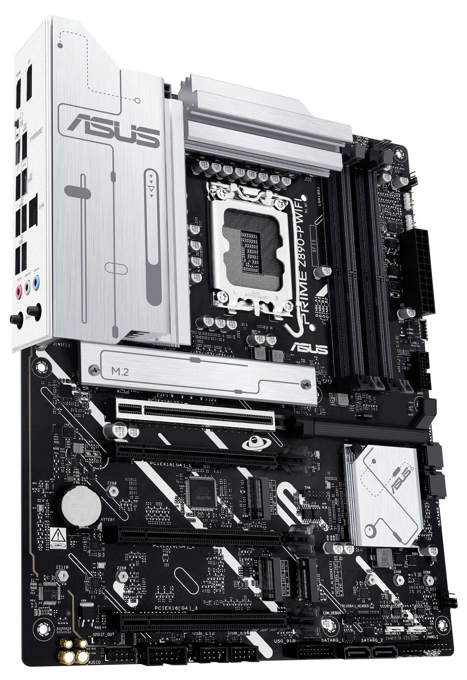 Carte mère ASUS noire avec dissipateurs thermiques argentés et plusieurs options de connexion, dont des ports USB, des connexions audio et réseau.