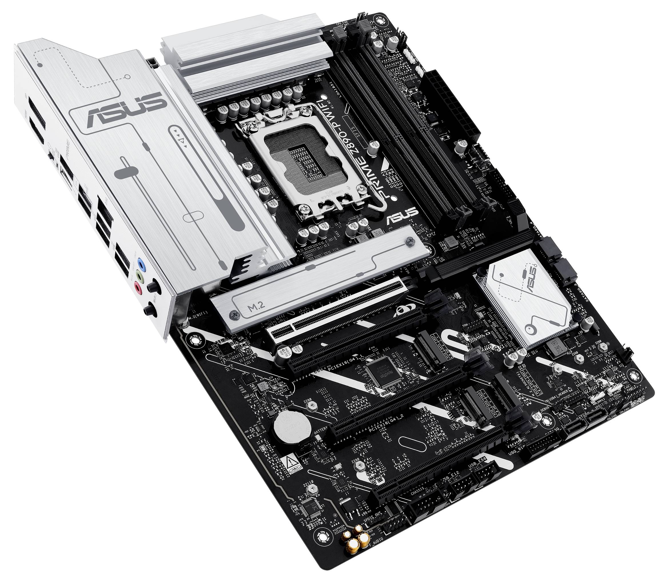 Carte mère d'ordinateur avec plusieurs emplacements PCIe, supports de RAM et connecteurs. Le nom de marque 'ASUS' est visible.