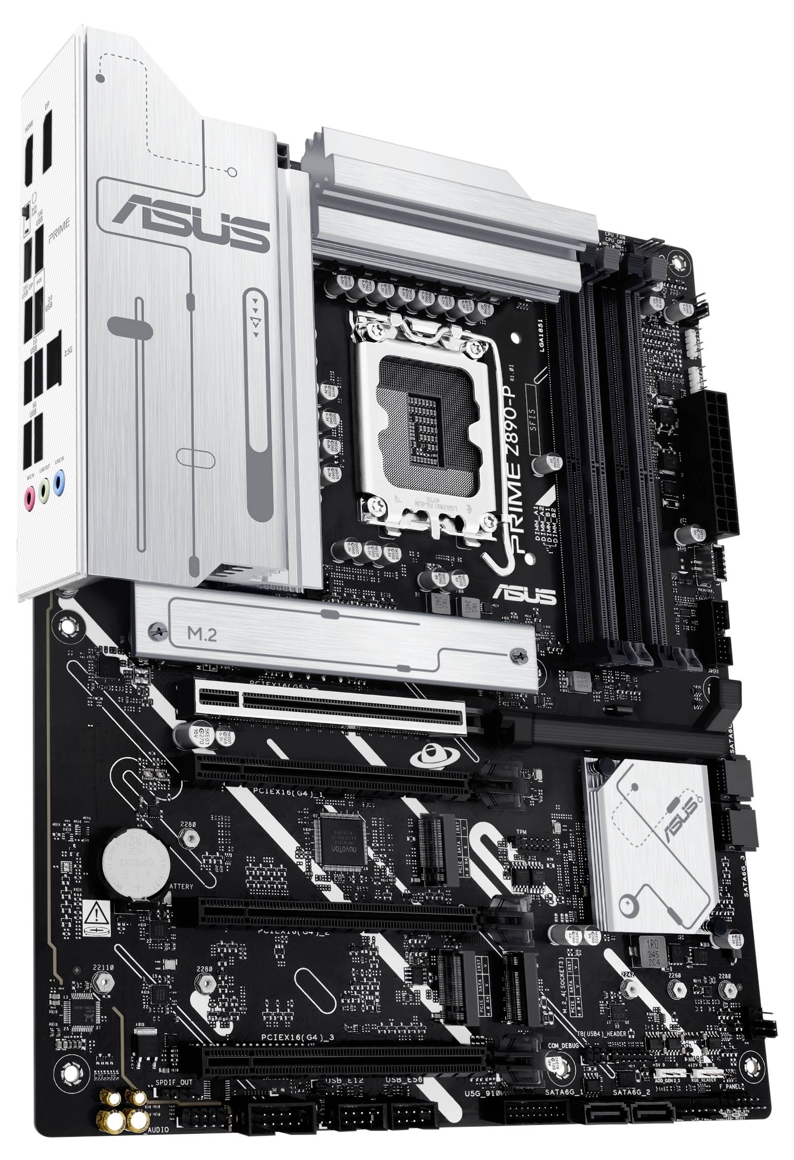 Carte mère avec connecteurs, système de refroidissement et emplacements PCI, logo de marque visible. Adaptée pour l'assemblage d'ordinateur et applications techniques.