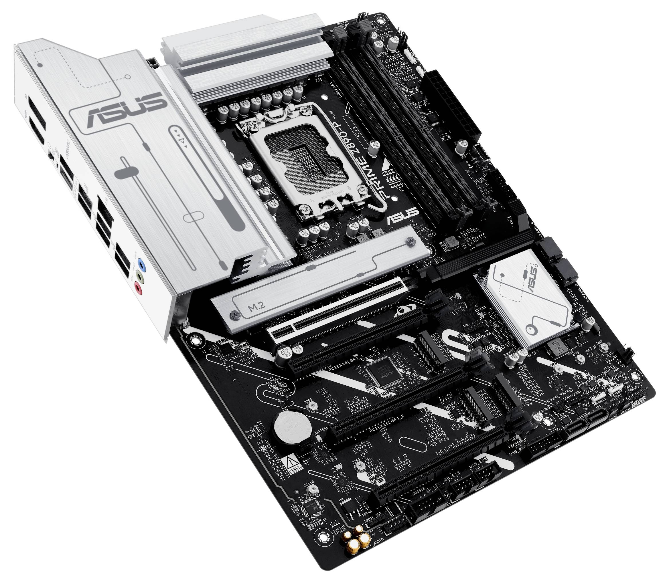 Une carte mère d'ordinateur noire avec des éléments et des connecteurs argentés. Le nom de marque 'ASUS' est imprimé dessus.