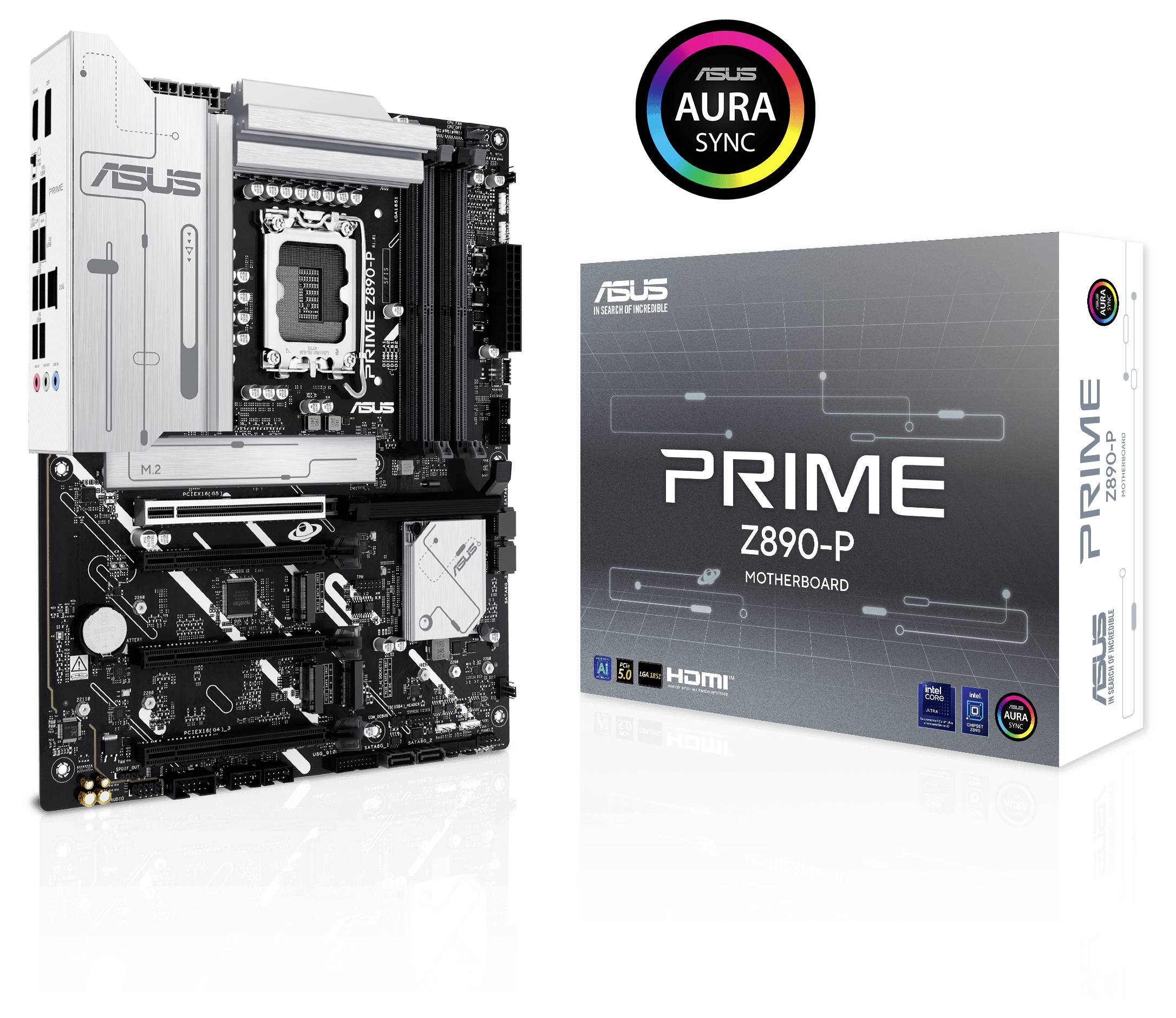 Carte mère ASUS PRIME Z890-P à côté de son emballage, montrant ses connecteurs et son design. Logo 'AURA Sync' en haut, avec ajout d'effets lumineux.
