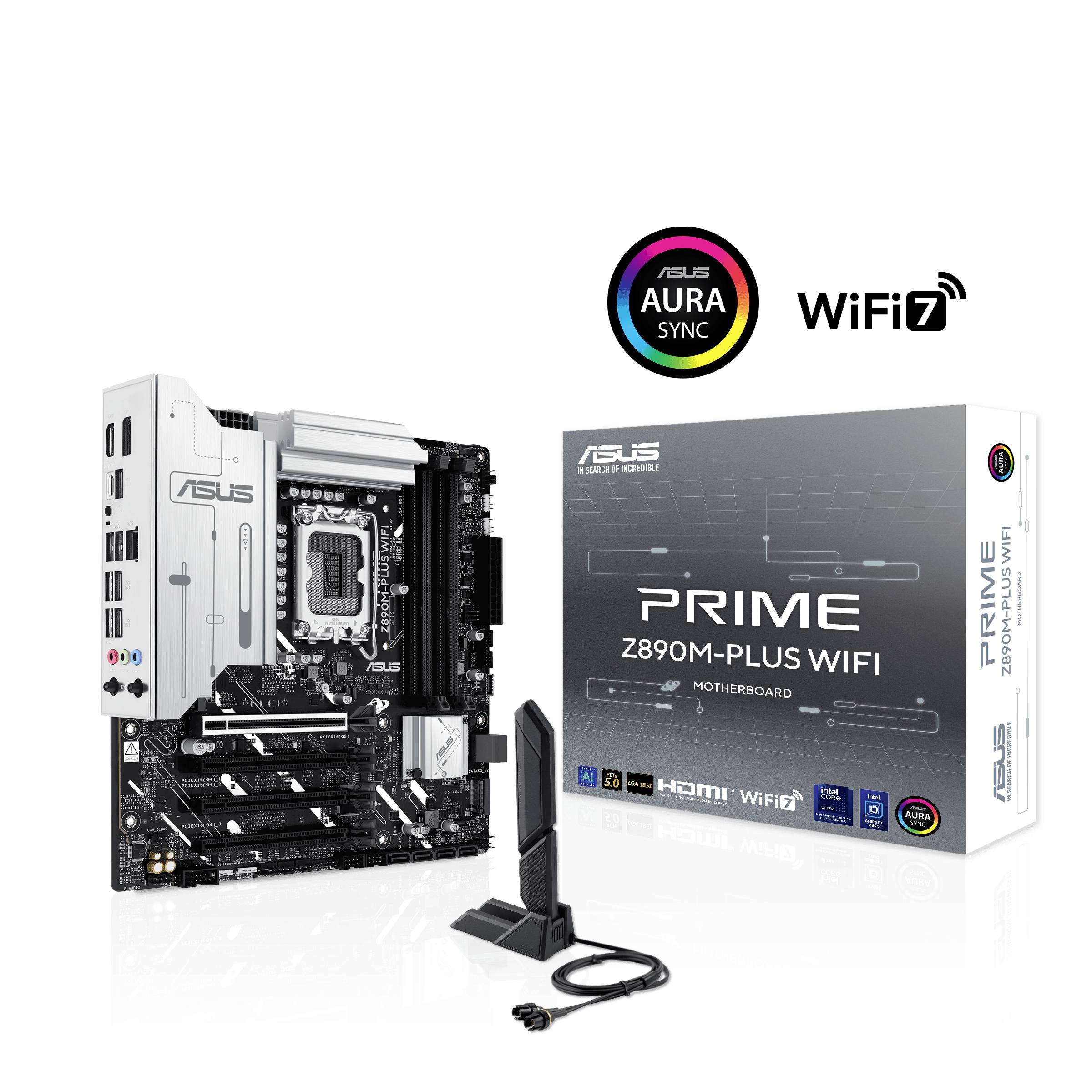 Carte mère 'ASUS PRIME Z890M-PLUS WIFI' avec emballage et antenne WiFi 7, prenant en charge Aura Sync, adaptée aux PC hautes performances.
