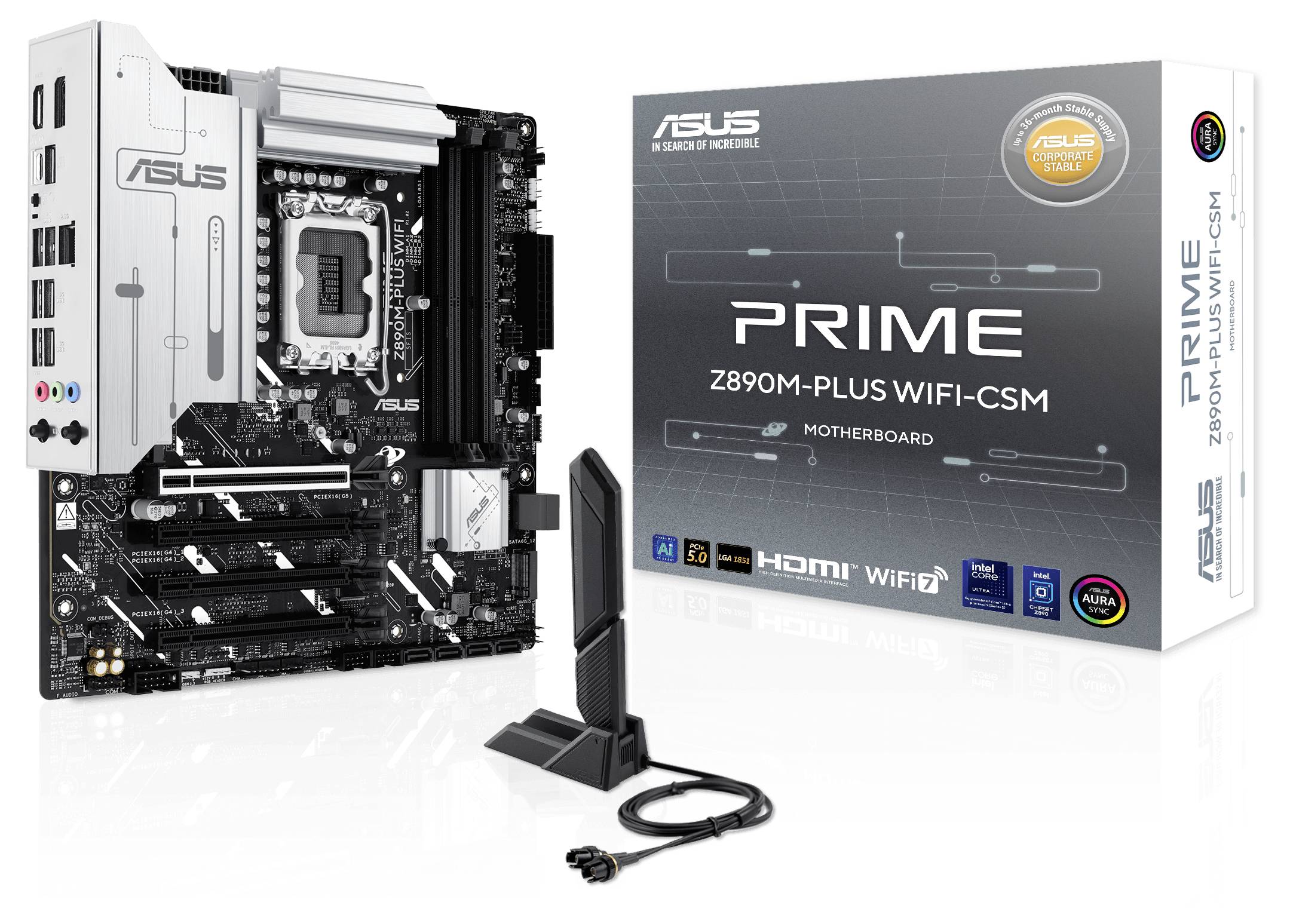 Carte mère ASUS Prime Z890M-Plus Wifi-CSM, prenant en charge le Wi-Fi, HDMI, ports USB, présentée avec son emballage et ses antennes.