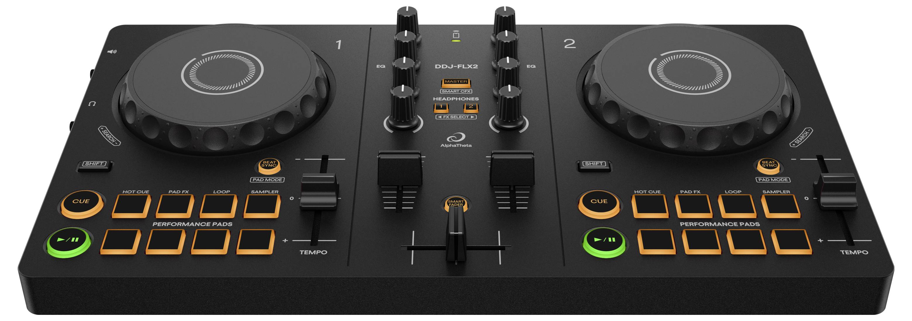 Contrôleur DJ avec deux platines vinyles, éléments de commande et plusieurs boutons et interrupteurs pour le mixage musical et les effets.