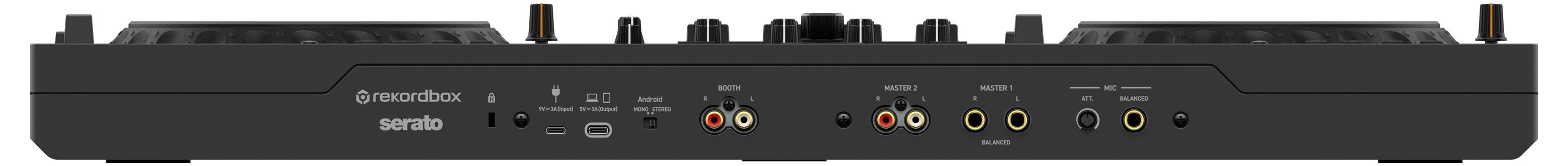 Face arrière d'un contrôleur DJ noir avec des connexions audio et USB, comprenant des connecteurs RCA et jack pour la sortie sonore.