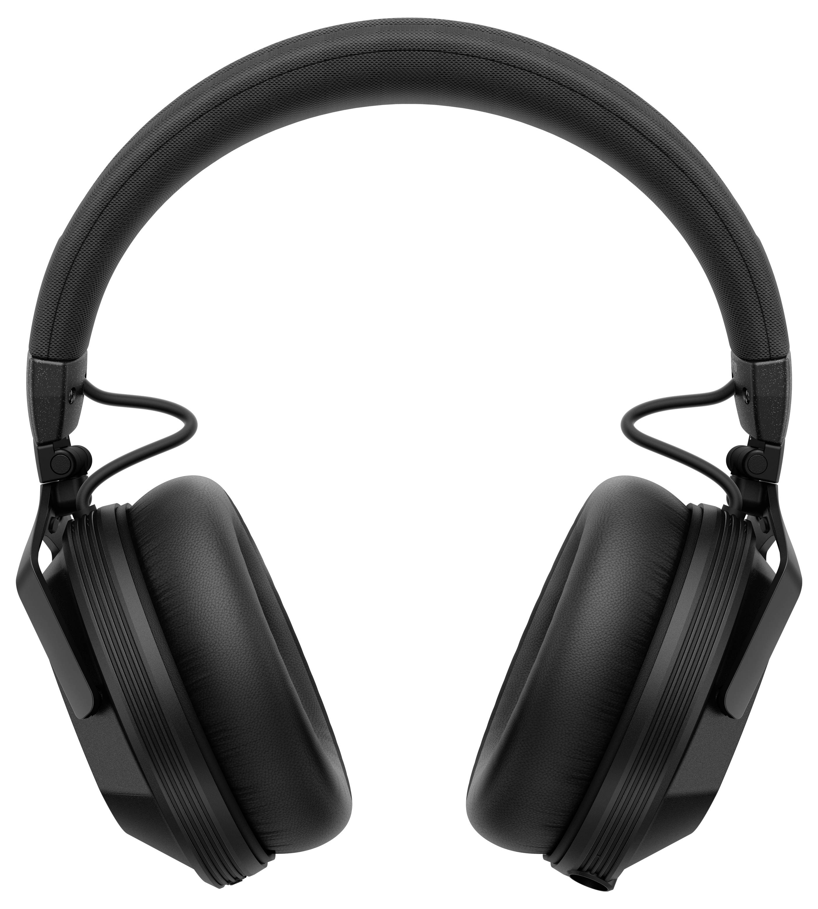 Casque audio noir over-ear sur fond blanc, légèrement incliné, montrant les coussinets d'oreille rembourrés et l'arceau réglable.