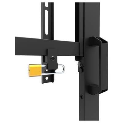 Une grille métallique noire est sécurisée par un cadenas orange. Elle montre le mécanisme de verrouillage d'un dispositif de sécurité.