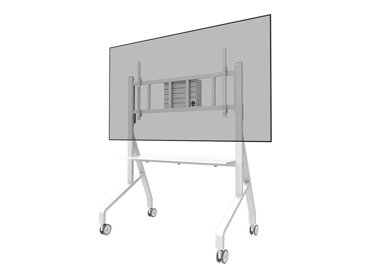 Un grand écran monté sur un support mobile à roulettes, avec une surface de rangement en dessous. Le support dispose de supports réglables.
