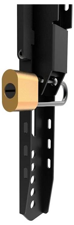 Un cadenas sécurise un mécanisme coulissant métallique. L'image montre une vue détaillée du cadenas et de son support.