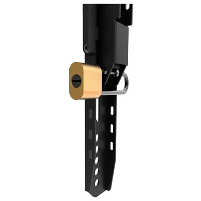 Un cadenas sécurise un mécanisme coulissant métallique. L'image montre une vue détaillée du cadenas et de son support.