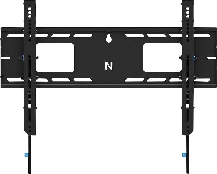 Support mural noir pour TV avec bras ajustables et plusieurs points de fixation, adapté à différentes tailles d'écran.
