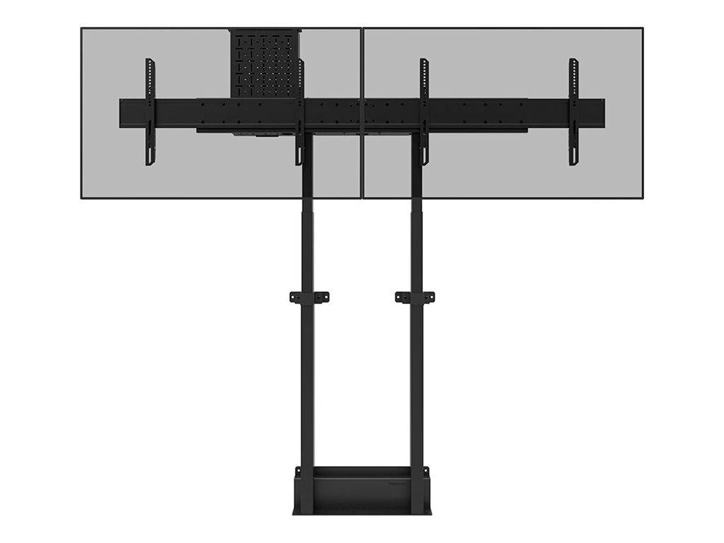 Un système de support TV noir avec deux supports, adapté pour deux écrans. Pied stable et supports réglables.