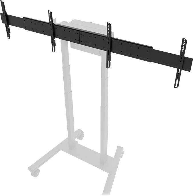 Support pour fixation multi-écrans avec bras ajustables, adapté à plusieurs moniteurs, monté sur un socle mobile.