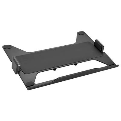 Un support de laptop noir en plastique avec des pieds en caoutchouc antidérapants et des sangles de maintien réglables pour différentes tailles d'ordinateurs portables.