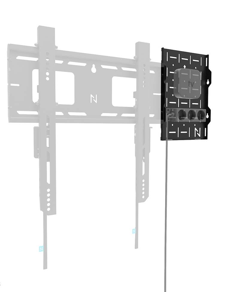 Support mural pour téléviseur avec possibilités de fixation variables. Deux plaques métalliques avec des fentes et des vis de fixation.