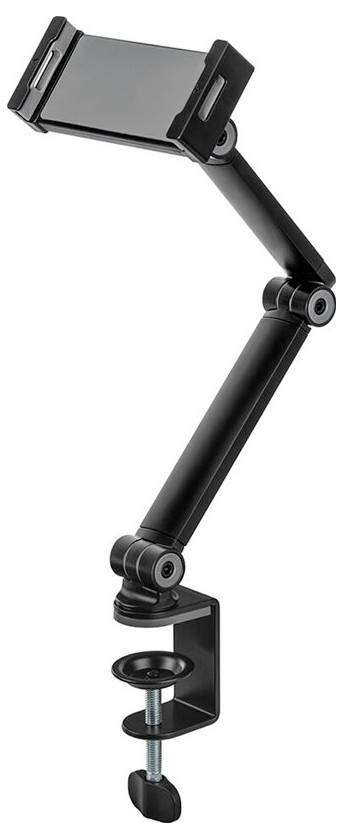 Support de tablette avec bras réglable et pince, adapté pour une fixation sur des tables ou des bureaux, offrant une utilisation flexible.